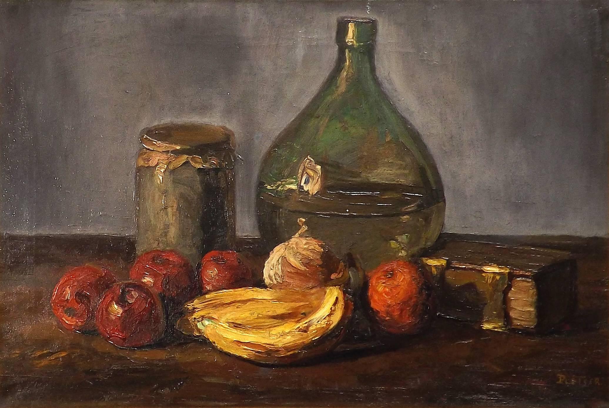 A still life masterfully painted by Dutch artist Jurgen 'George' Pletser. Ripe red apples, yellow bananas and a glass water are the focus of the painter's eye. To the side one can see the bright brass clasps of an old bible. 

Jurgen Pletser was