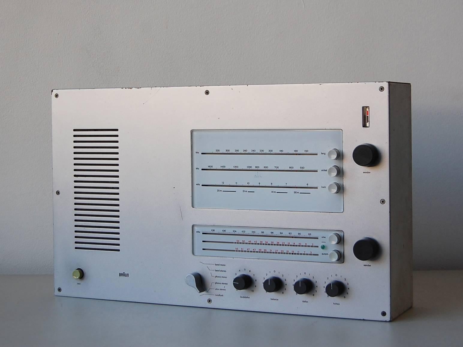 Dieter Rams
Braun AG, Germany

TS45 Steuergerät, Receiver (amplifier/tuner), 1964

White and aluminium colour metal, grey and graphite switches.

Serial number 11180

Dimensions: 47.5x28x10cm
Weight: 10.5 Kg

This superb example of the