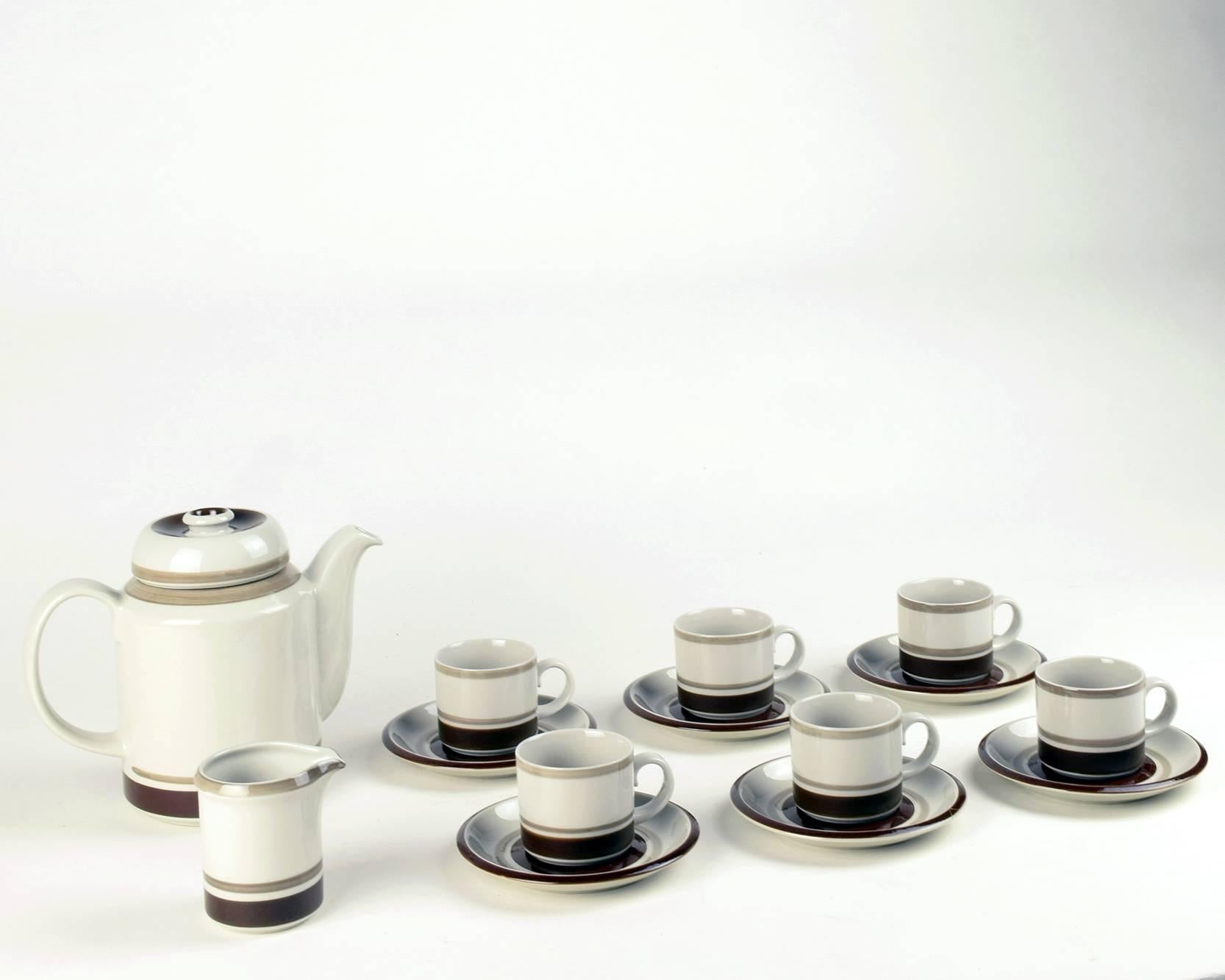 Raija Uosikkinen for Arabia,
'Pirtti' coffee set
Designed, circa 1970, manufactured, circa 1970-1980

Perfect condition showing virtually no signs of previous use.

Set comprises:
Coffee pot + lid
Milk jug
Sugar bowl + lid (not showing in
