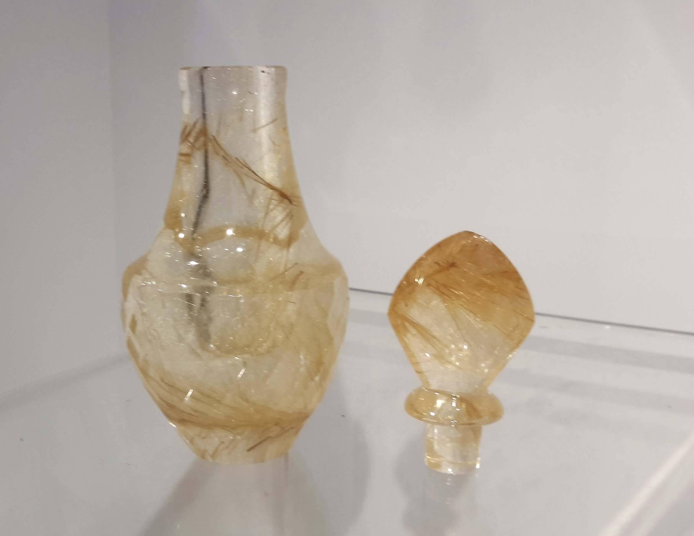 Pair of Rutilated Quartz, Carved Rock Crystal Scent Bottles In Good Condition For Sale In New York, NY