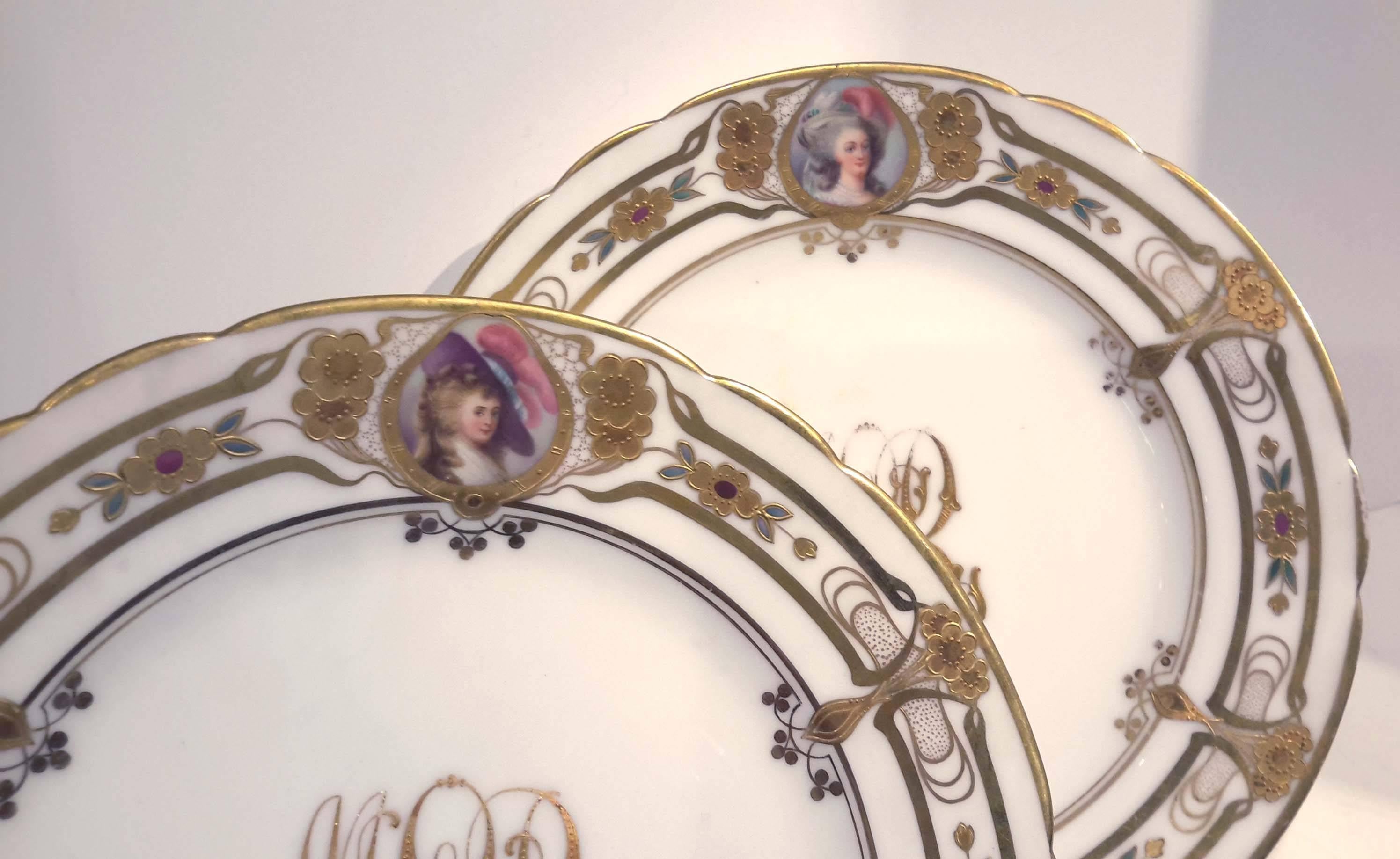 Each beautifully hand-painted with a portrait of noble lady. With their name inscribed in the back. Raised enamel gilding in Art Nouveau style.