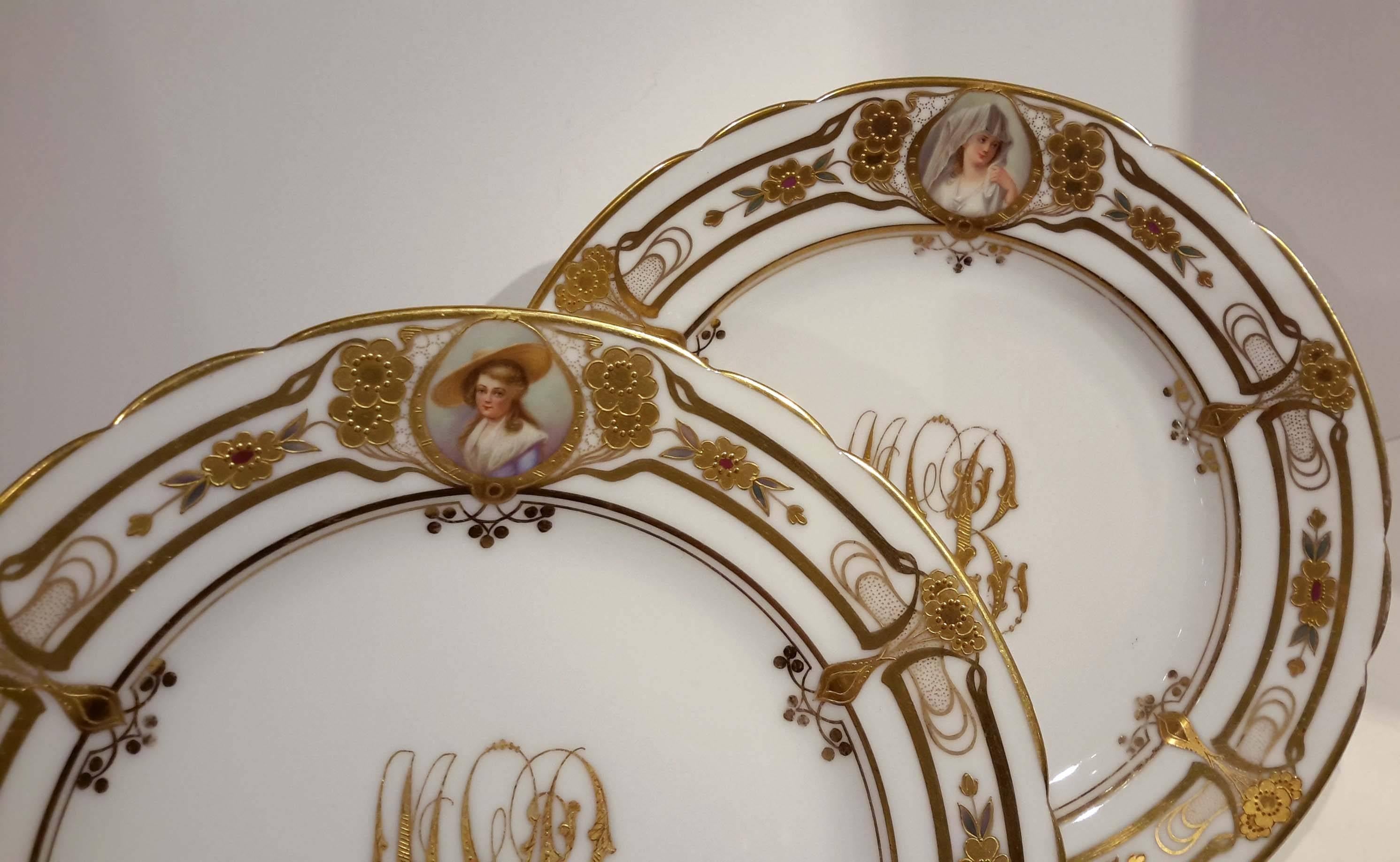 Enameled Set of 12 Lamb Dresden Portrait Cabinet Plates German, 19th Century