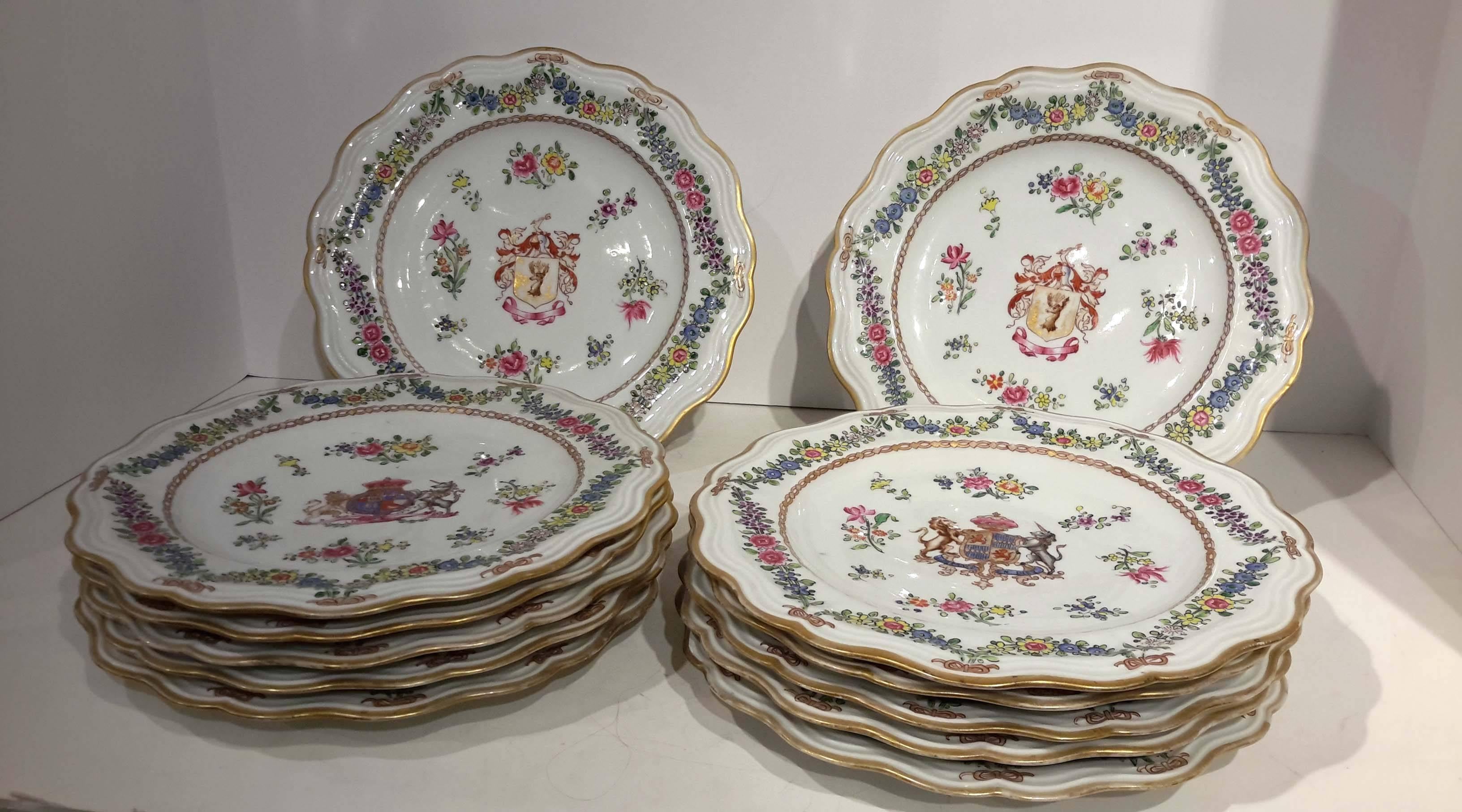 Set of 12 Samson armorial porcelain service plates, French, 19th century. Great condition. Fully hand-painted.