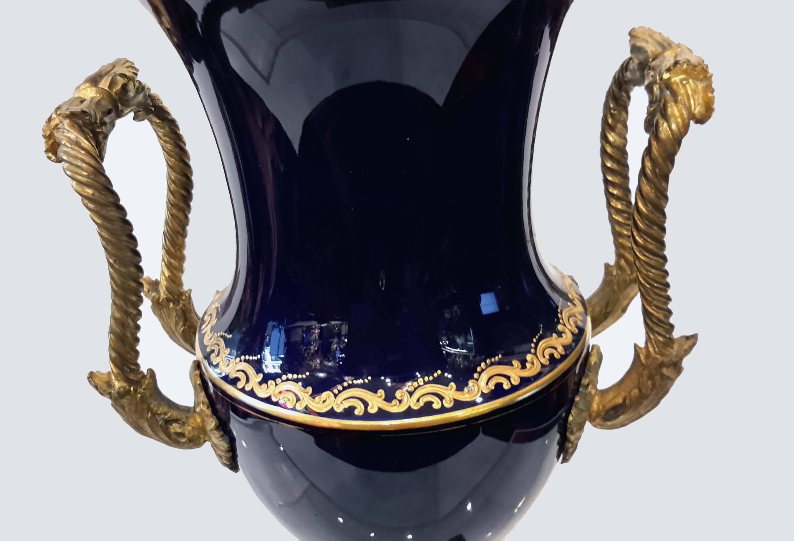 Bronze Louis XVI Style Sevres Ormolu-Mounted Cobalt Blue Porcelain Urn Lamp