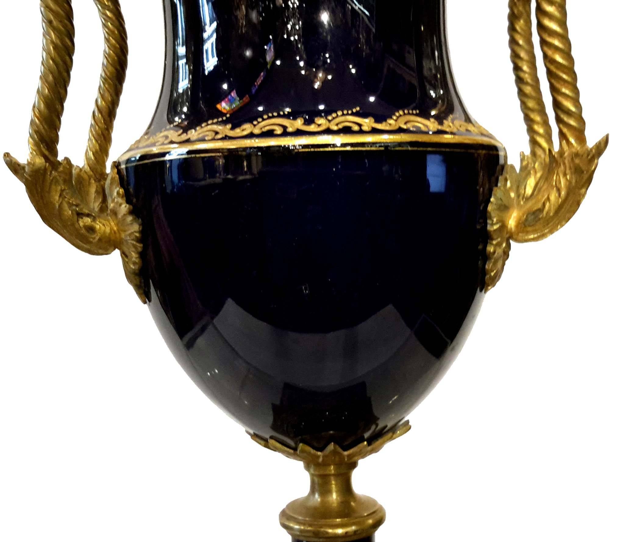 Louis XVI Style Sevres Ormolu-Mounted Cobalt Blue Porcelain Urn Lamp 1
