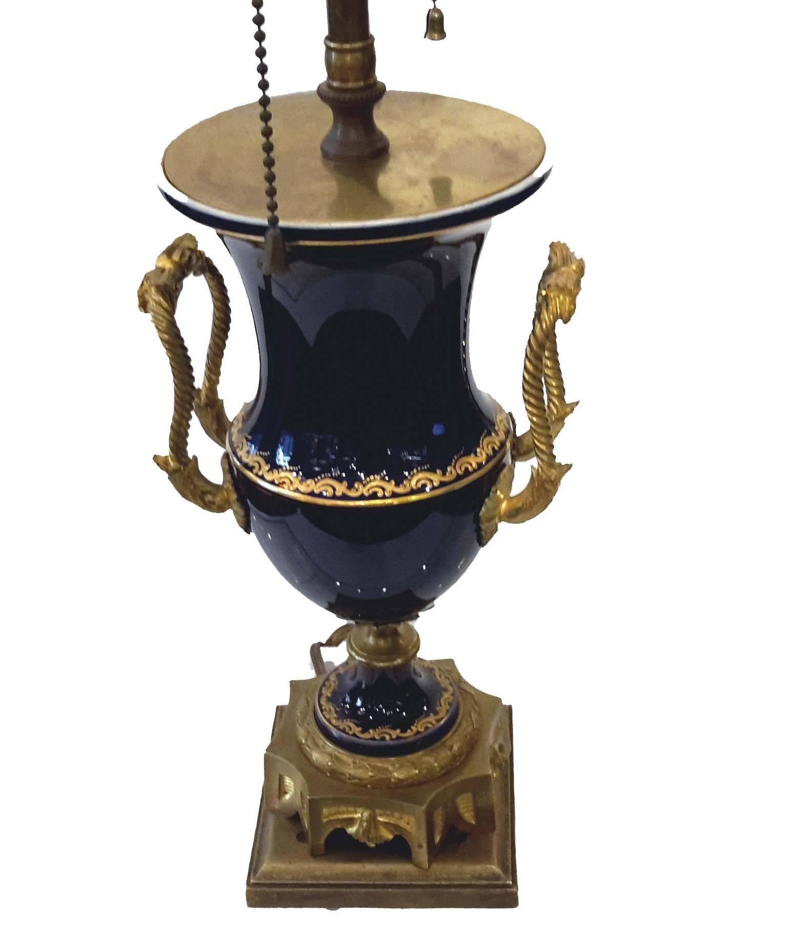 French Louis XVI Style Sevres Ormolu-Mounted Cobalt Blue Porcelain Urn Lamp