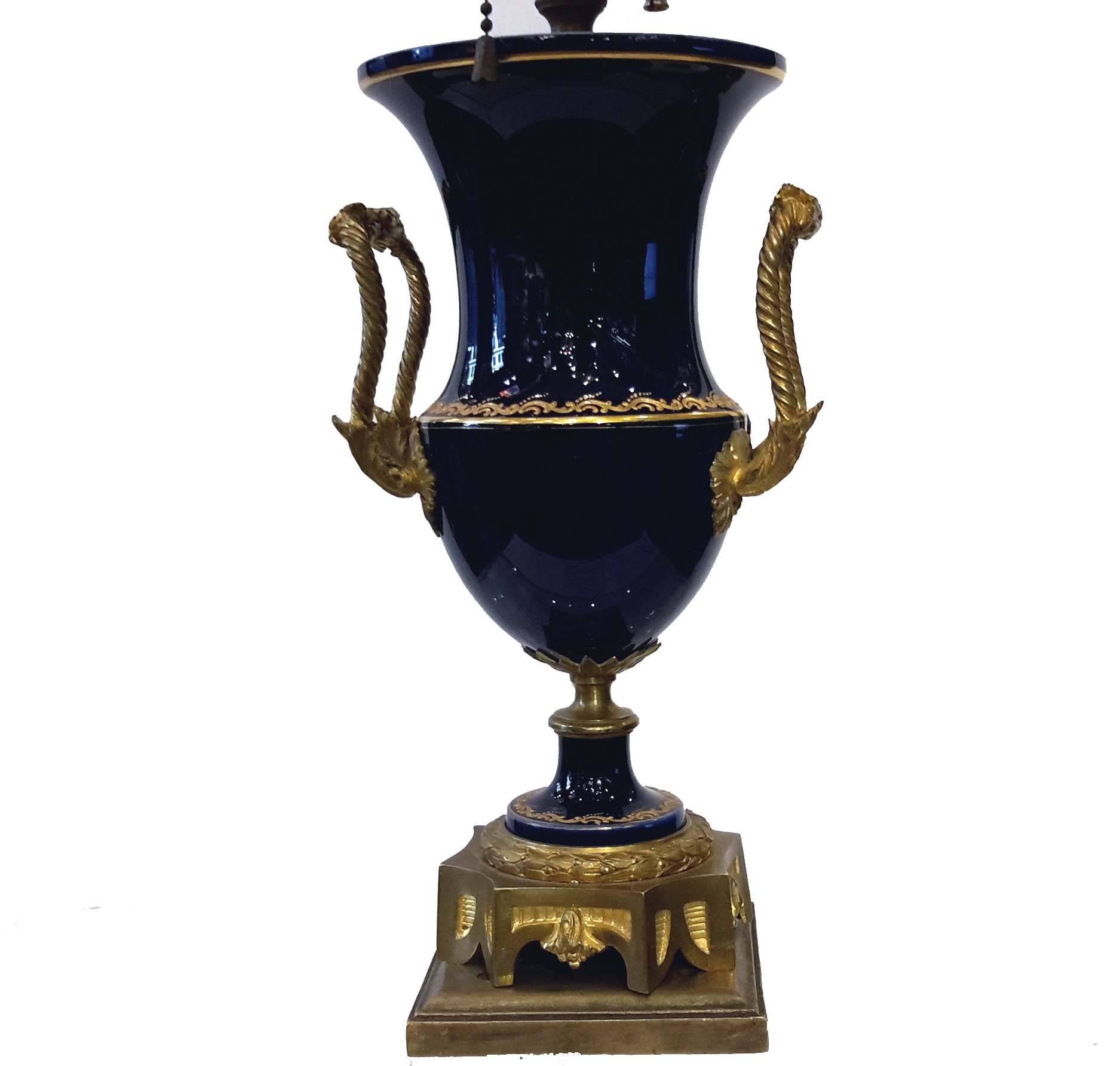 Enameled Louis XVI Style Sevres Ormolu-Mounted Cobalt Blue Porcelain Urn Lamp