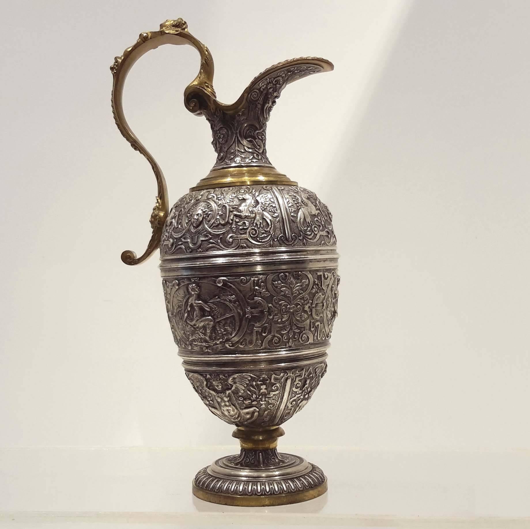 Silvered Attributed to Elkington Co. Renaissance Revival Electroplate Charger and Ewer