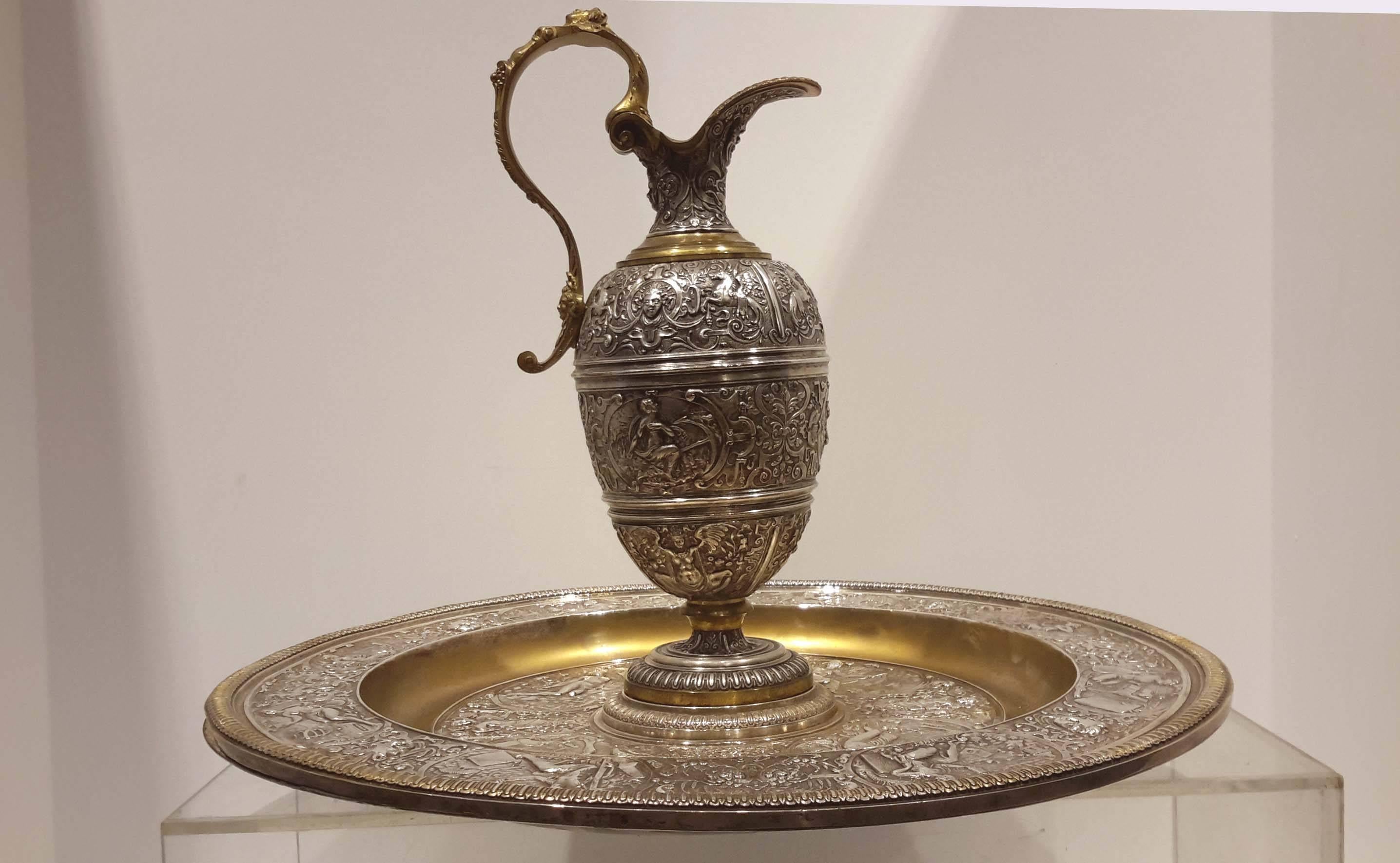 English Attributed to Elkington Co. Renaissance Revival Electroplate Charger and Ewer