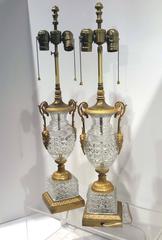 Pair of Empire Crystal and Gilt Bronze French Lamps, circa 1900