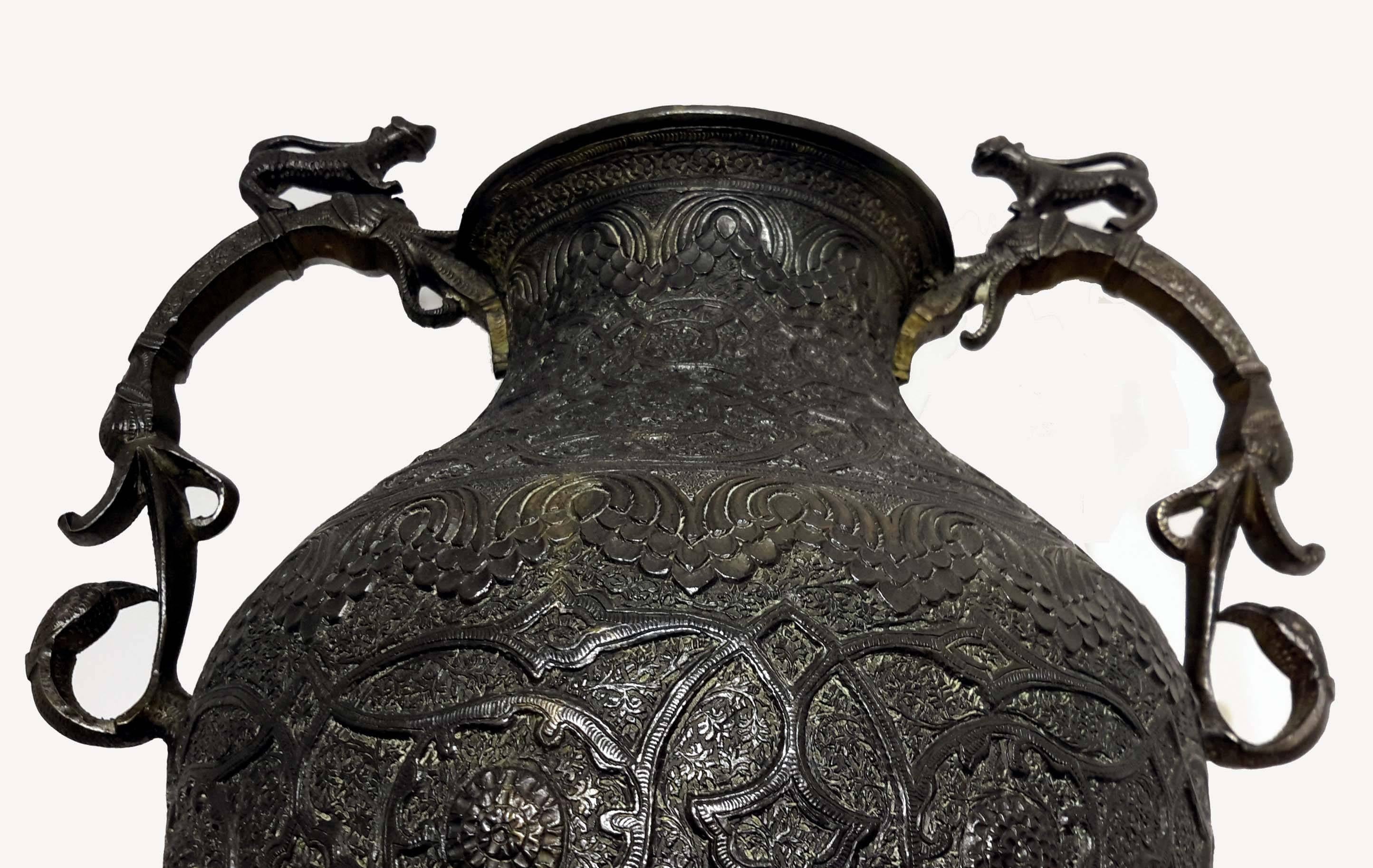 Indian Magnificent Moghul Hand Engraved Brass Vase, circa 1890 For Sale