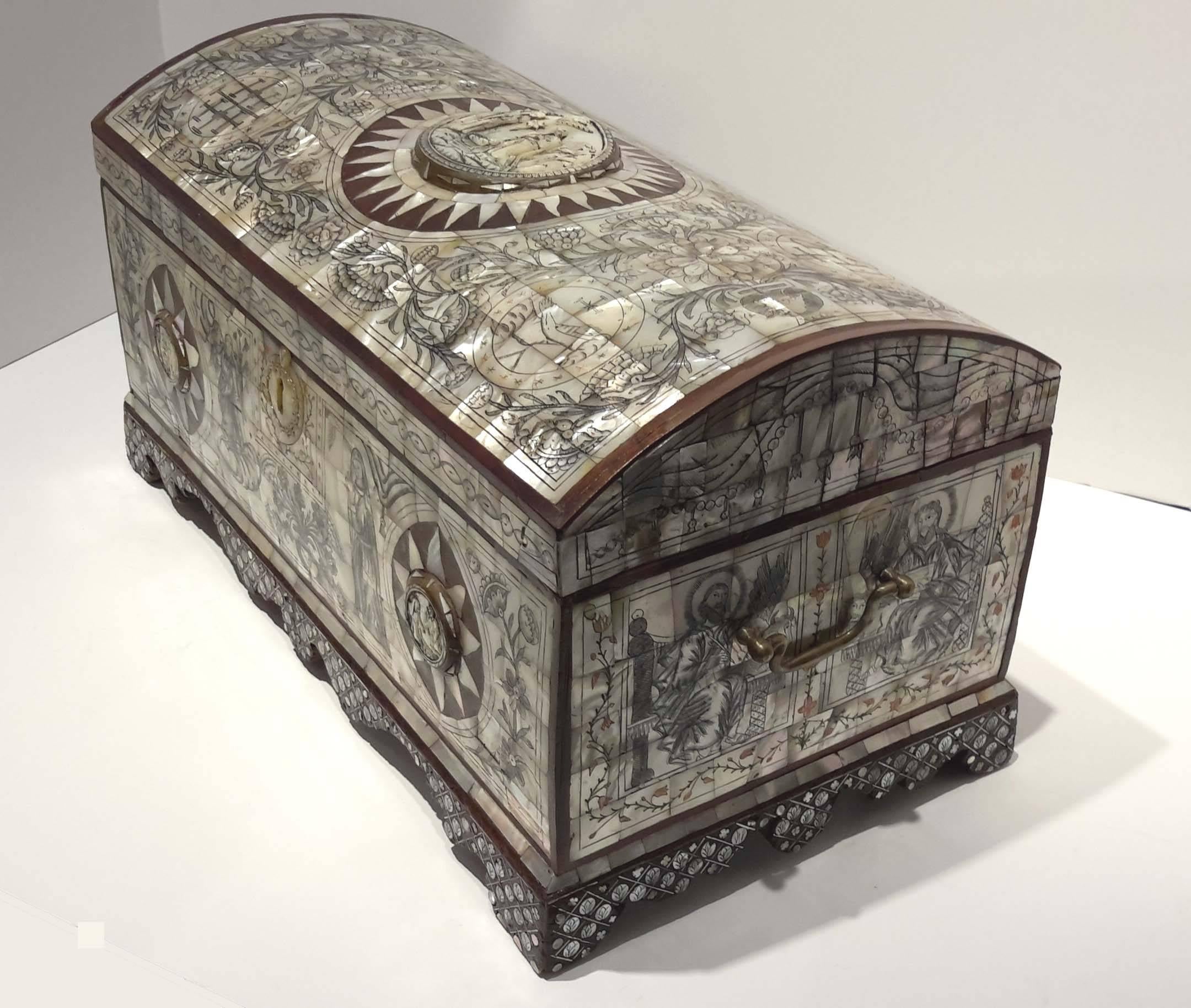 Gothic Revival Rare Mother-of-Pearl Decorated Reliquary Coffer, Jerusalem, 18th Century