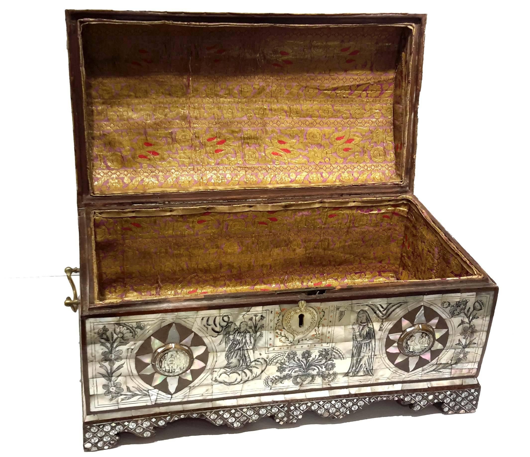 Israeli Rare Mother-of-Pearl Decorated Reliquary Coffer, Jerusalem, 18th Century