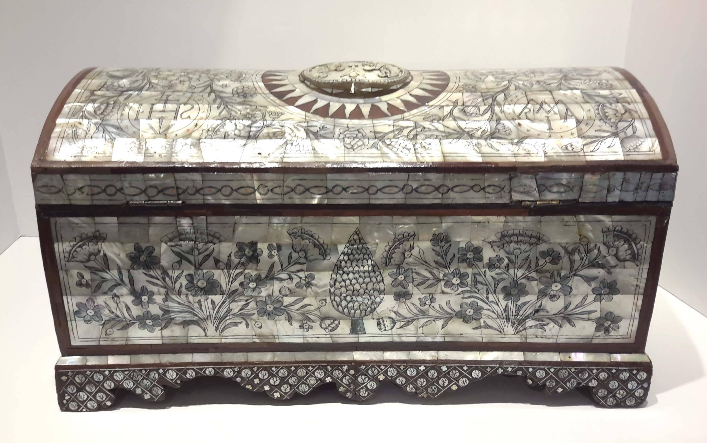 A very rare 18th century Jerusalem Bible chest or Reliquary chest, the mother-of-pearl veneer highly decorated with various Biblical scenes, all set on an olivewood, the interior is lined with antique silk. Some professional restoration to the box.