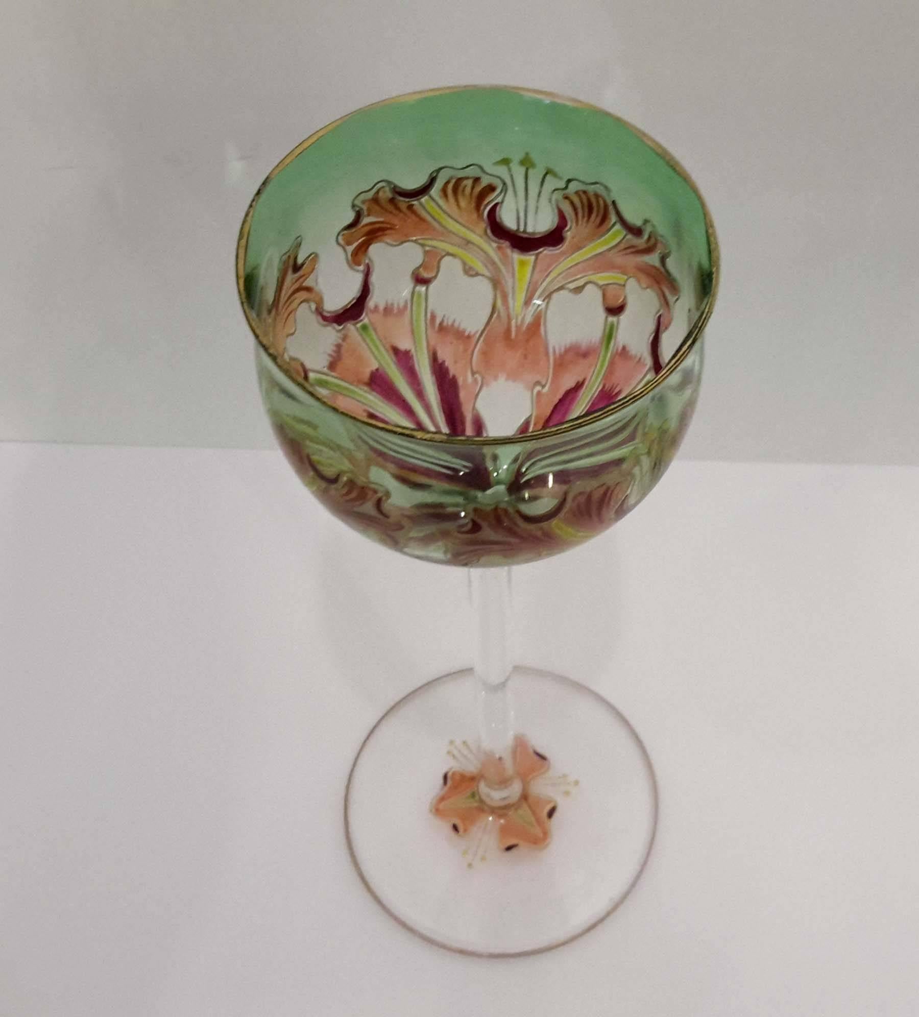 Meyr's Neffe Flower Form Hand Enameled Wine Goblet, circa 1900 In Good Condition In New York, NY