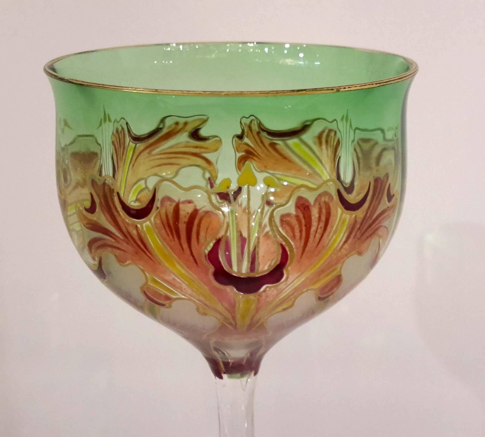 Art Nouveau Meyr's Neffe Flower Form Hand Enameled Wine Goblet, circa 1900