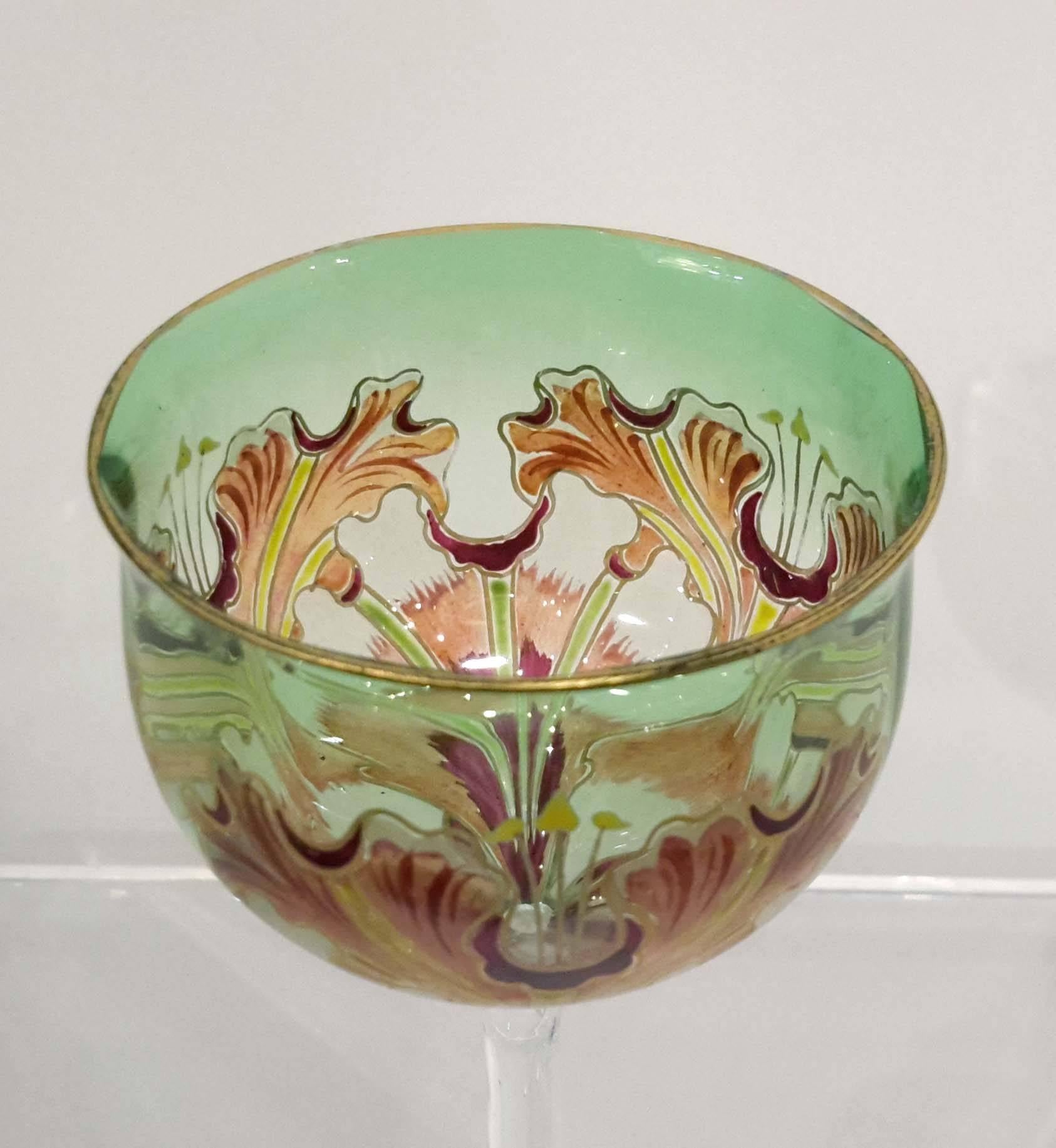 Austrian Meyr's Neffe Flower Form Hand Enameled Wine Goblet, circa 1900