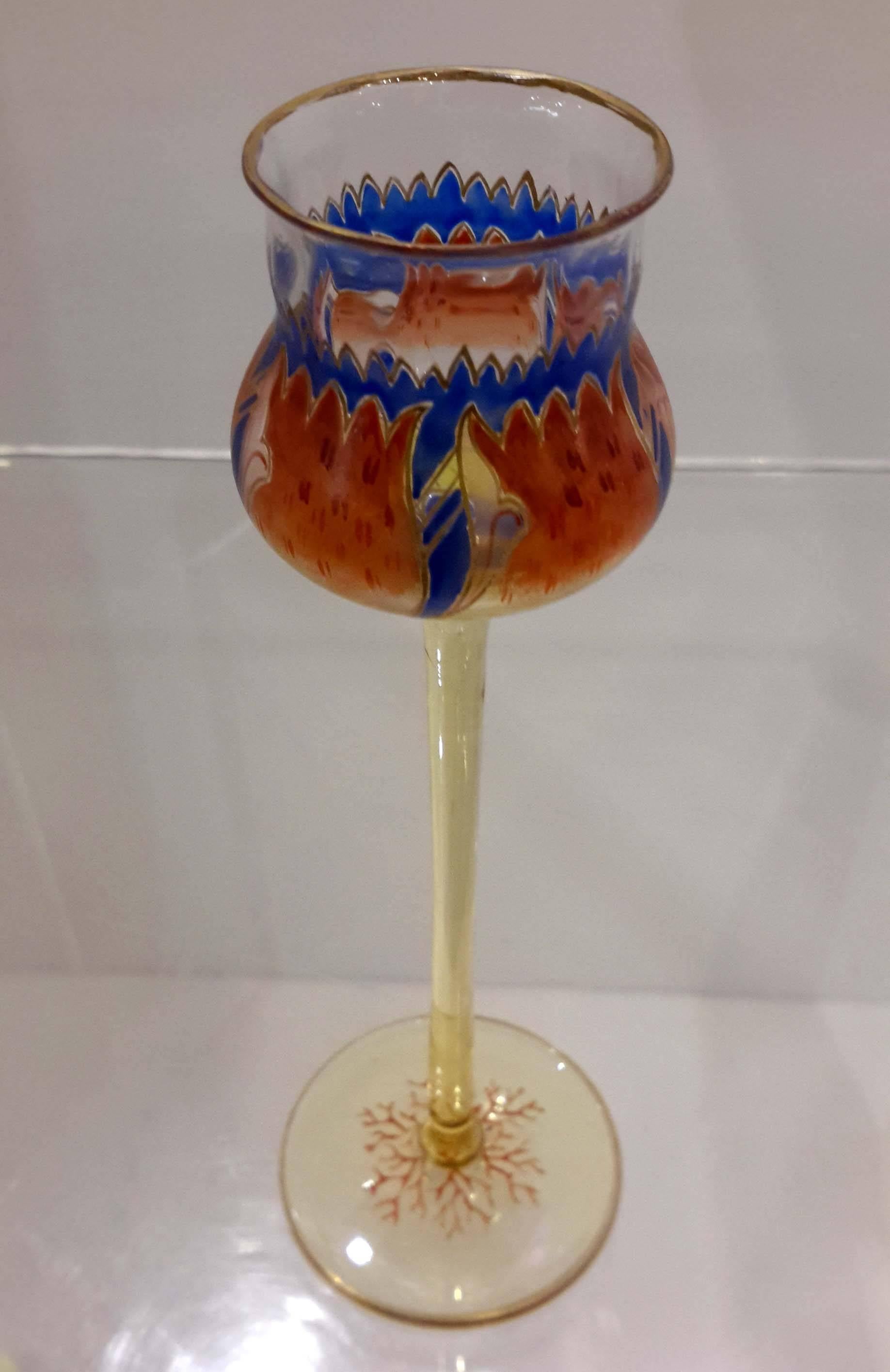 A rare 'Flower Form' liqueur glass, enameled, gilded and shaped as abstract flowers in bloom by Meyr's Neffe, Austrian, circa 1900.
 