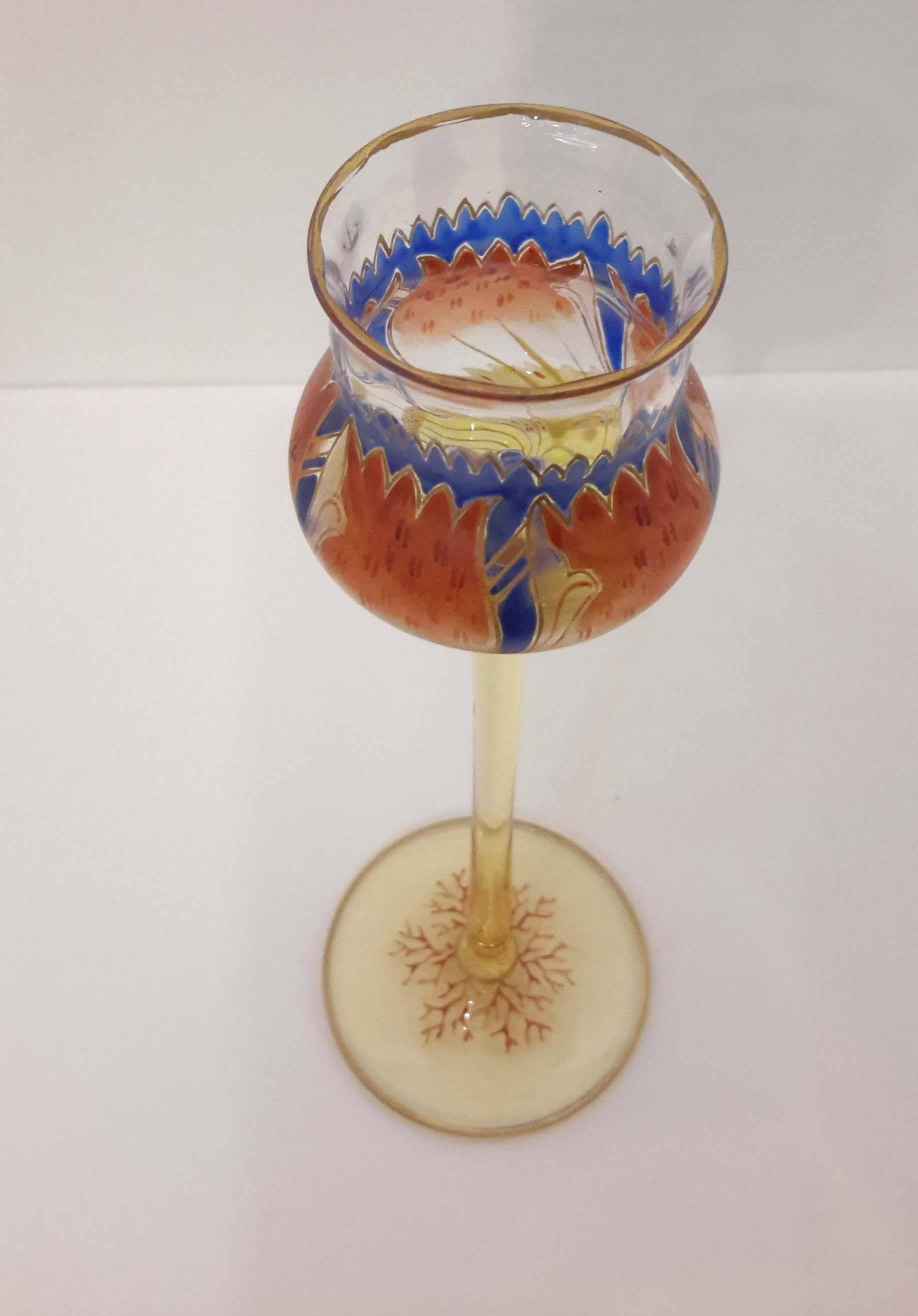 Art Nouveau Rare Meyr's Neffe Enameled Flower Form Liqueur Glass