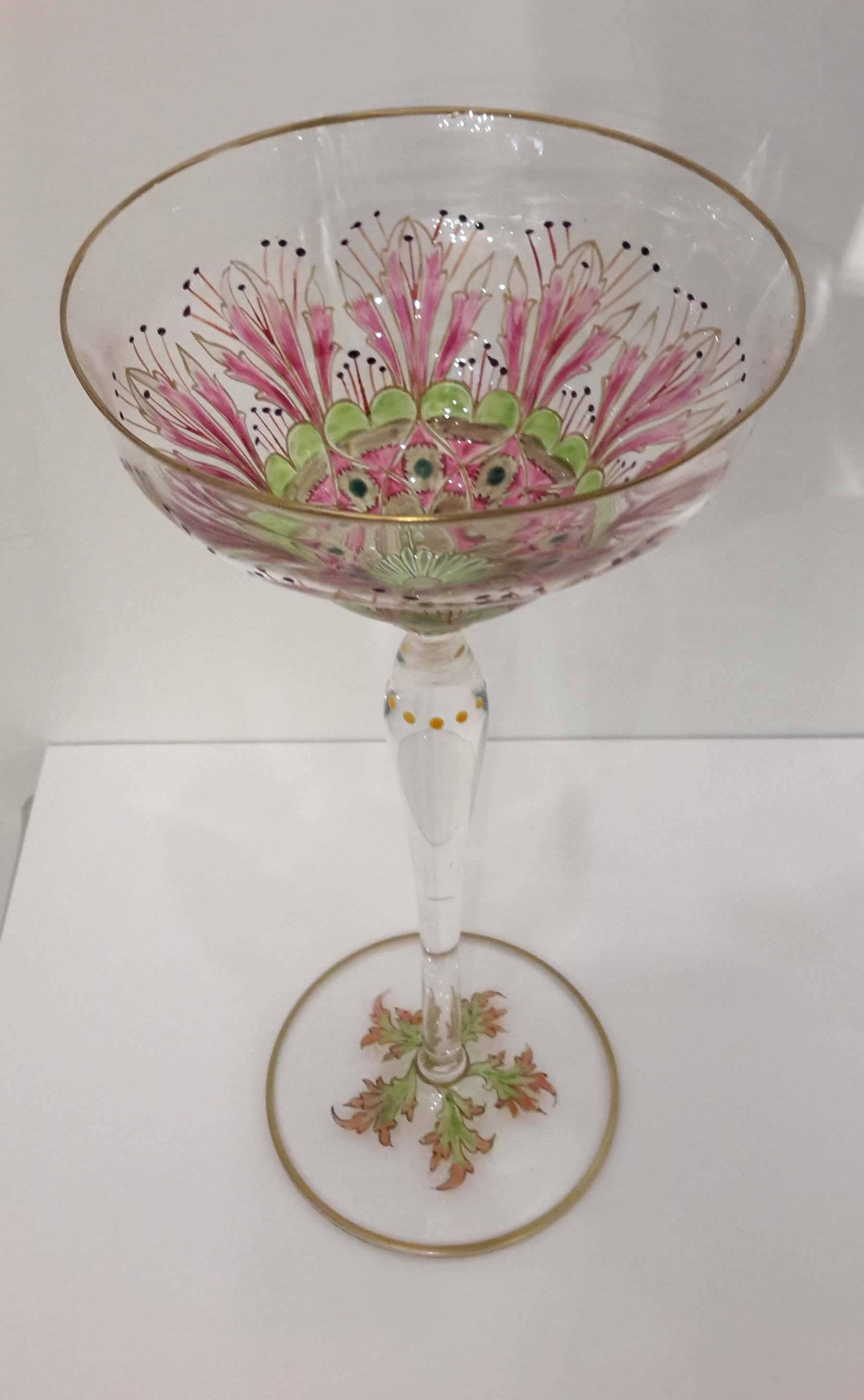 Stunning and exceedingly rare monumental Meyr's Neffe hand enameled 'Flower Form' champagne goblet. This is the largest enameled flower form glass that we have ever seen and this is the first time that we have acquired such beautiful pieces, circa