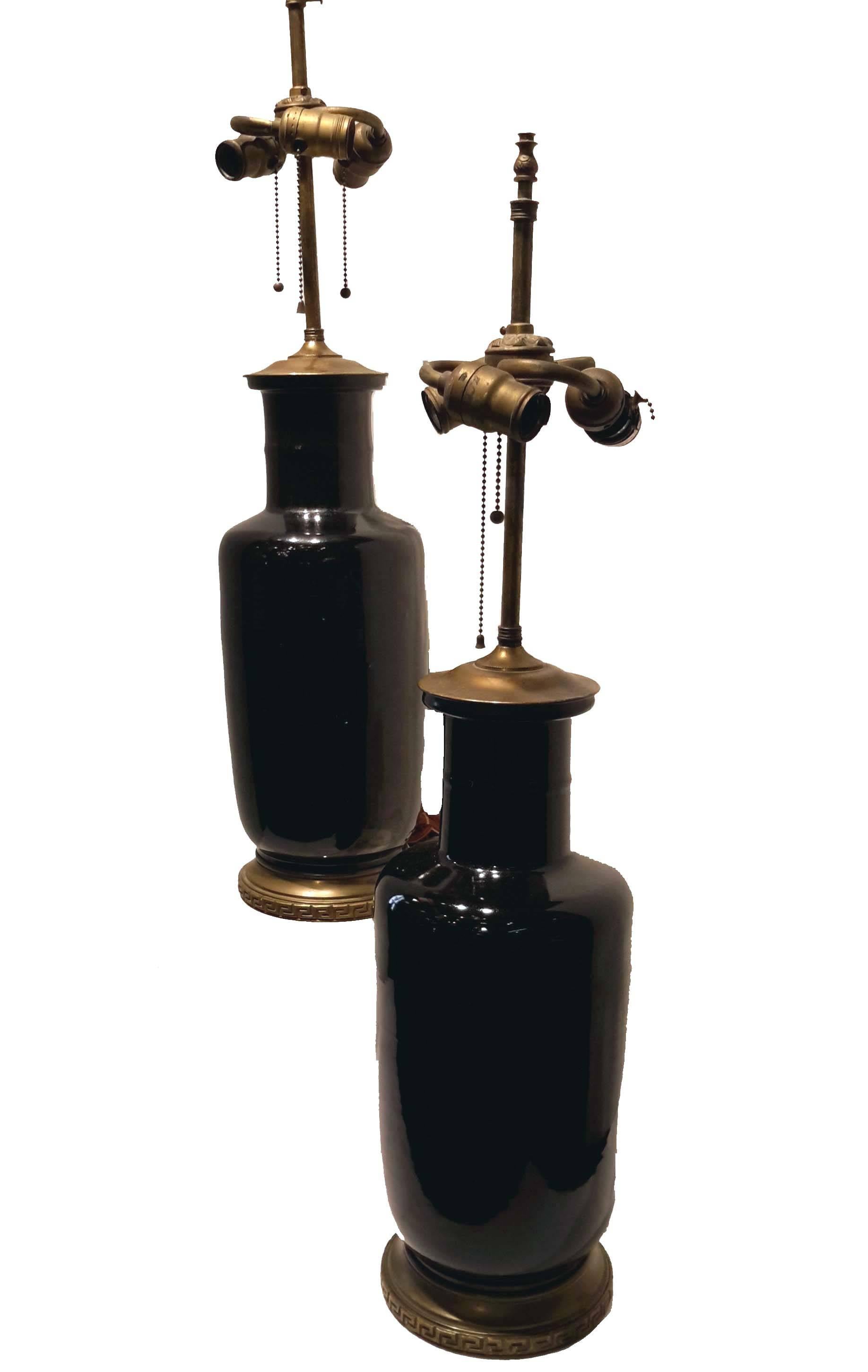 Chinese Export Pair of Chinese Porcelain Mirror-Black Lamps Mounted by Farmer Co., 19th Century