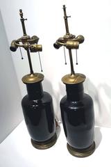 Pair of Chinese Porcelain Mirror-Black Lamps Mounted by Farmer Co., 19th Century