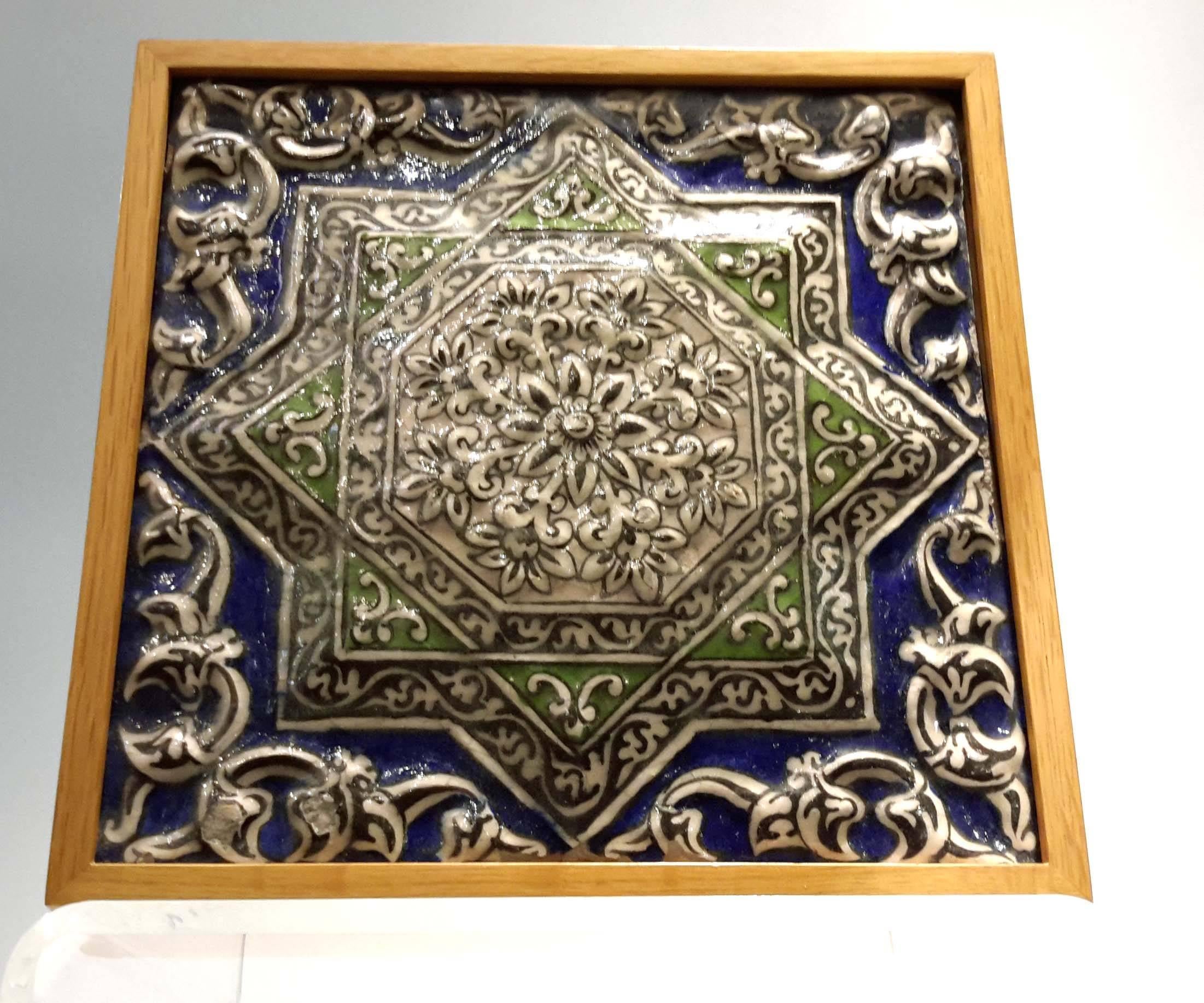 Persian Framed Qajar Pottery Tile, Islamic, circa 1850