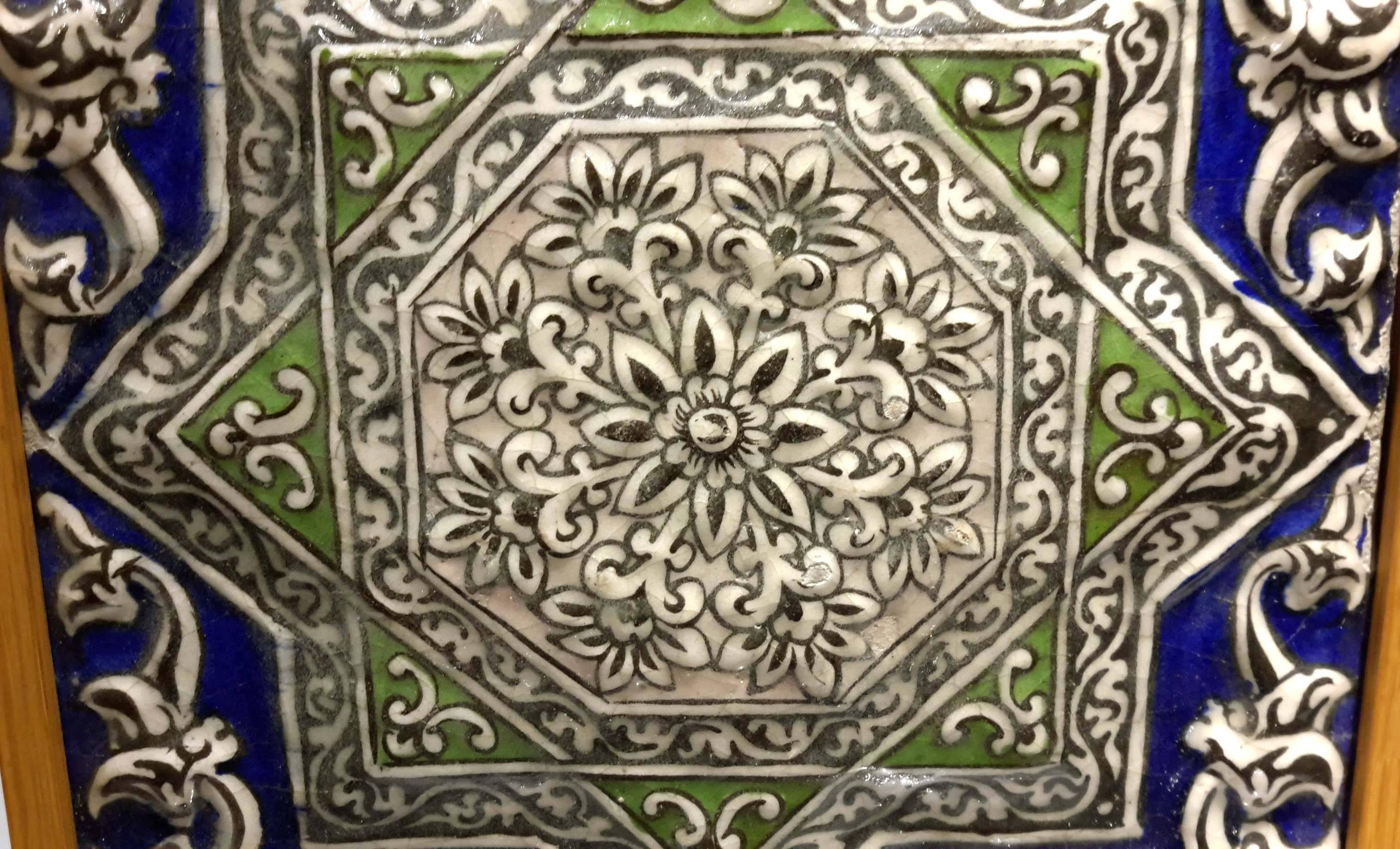 Framed Qajar Pottery Tile, Islamic, circa 1850 1