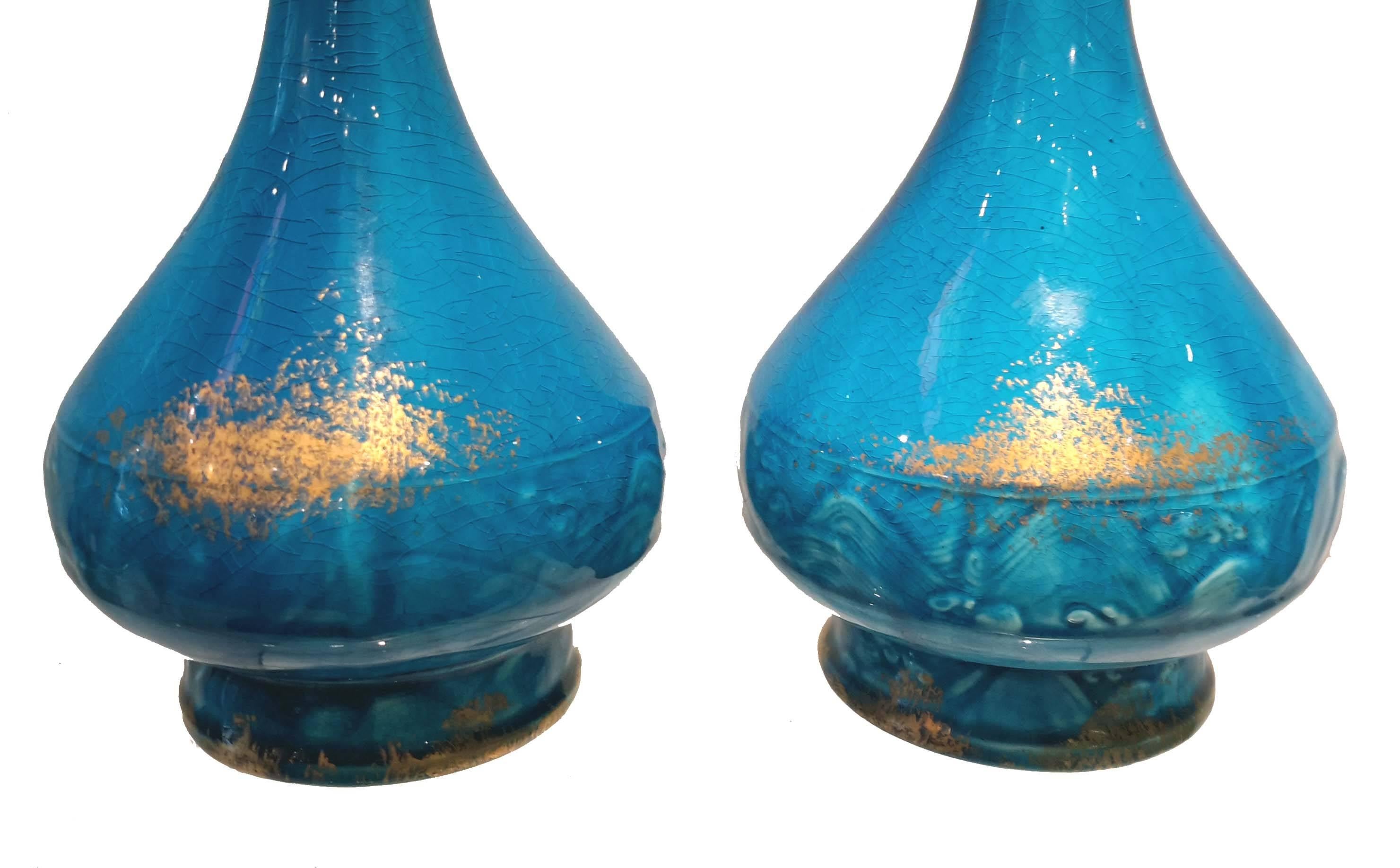 Glazed Theodore Deck Attributed Pair of 19th Century Turquoise Chinoiserie Arrow Vases