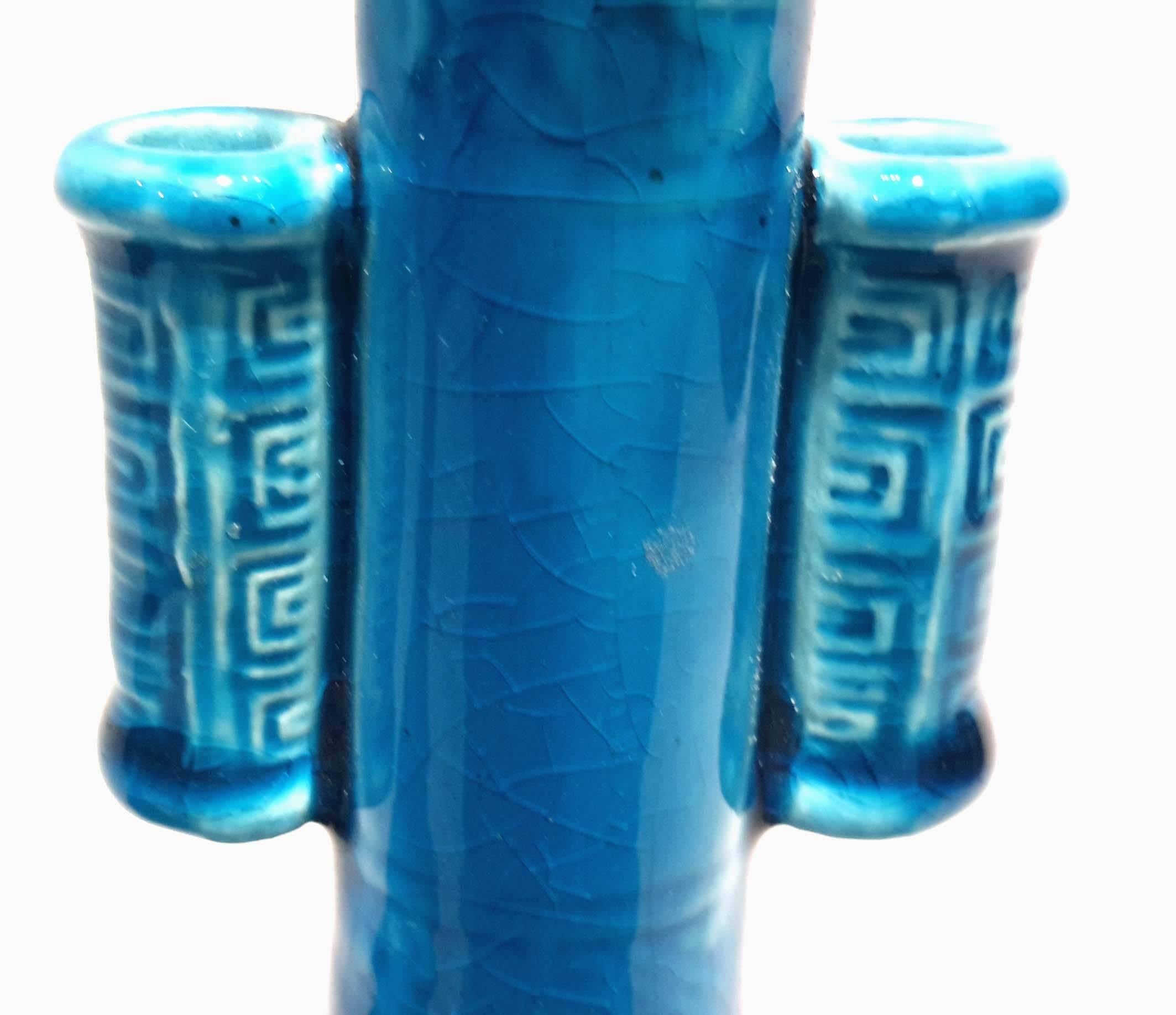 Theodore Deck Attributed Pair of 19th Century Turquoise Chinoiserie Arrow Vases In Good Condition In New York, NY