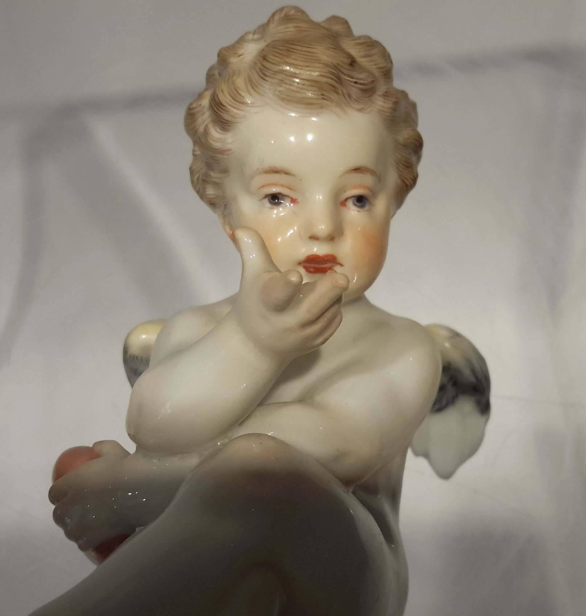 Neoclassical Adorable 19th Century Meissen Porcelain Figure of an Angel with Heart
