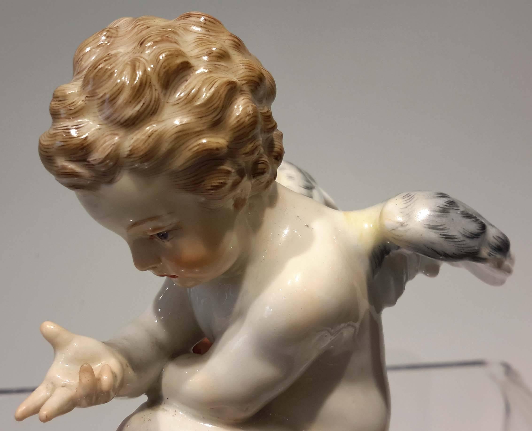 German Adorable 19th Century Meissen Porcelain Figure of an Angel with Heart