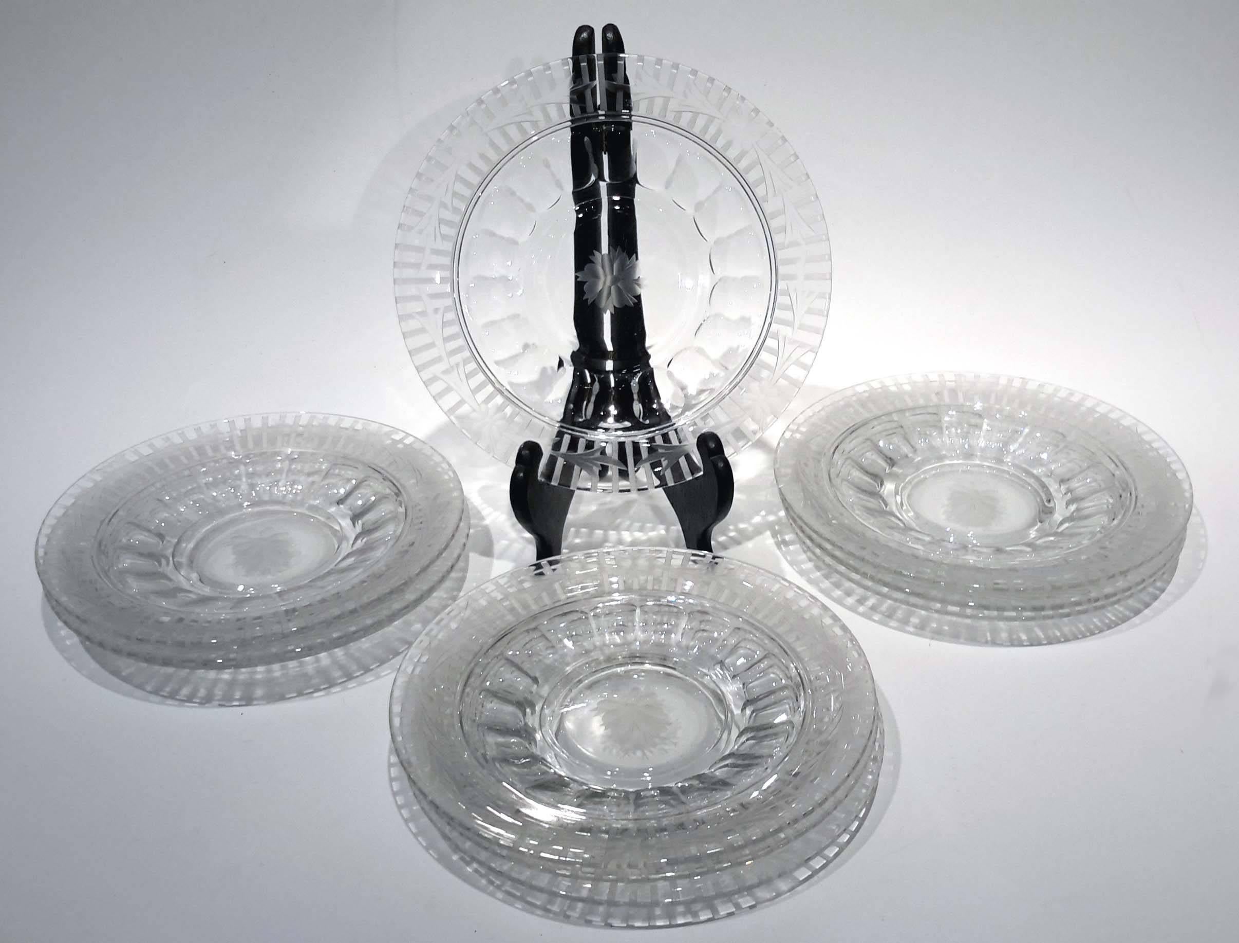 Set of ten English hand-cut and etched crystal glass dessert plates, circa 1920. Possibly made by Thomas Webb and Sons.