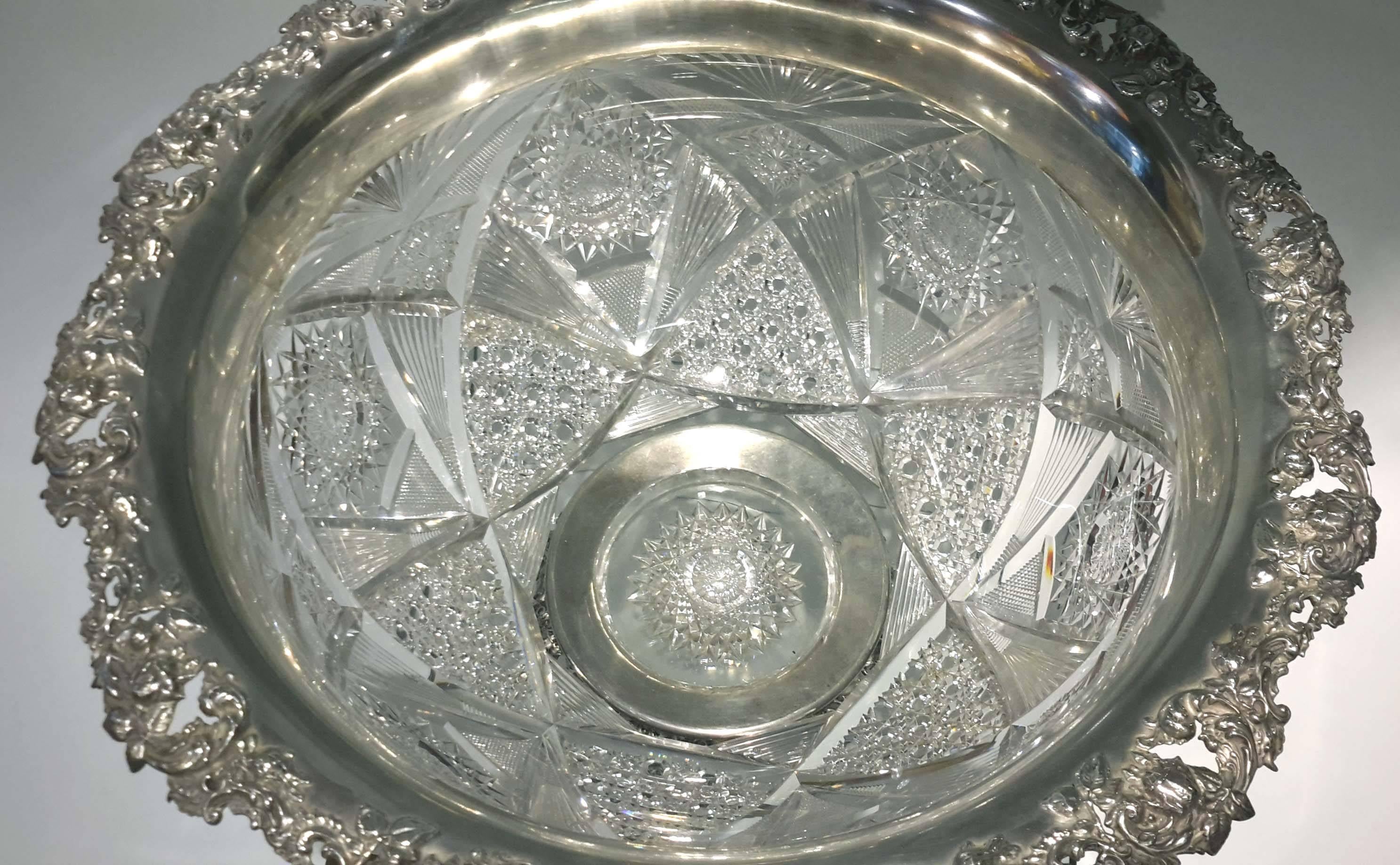 Carved Magnificent American Brilliant Cut-Glass and Sterling Silver Punch Bowl, Mauser
