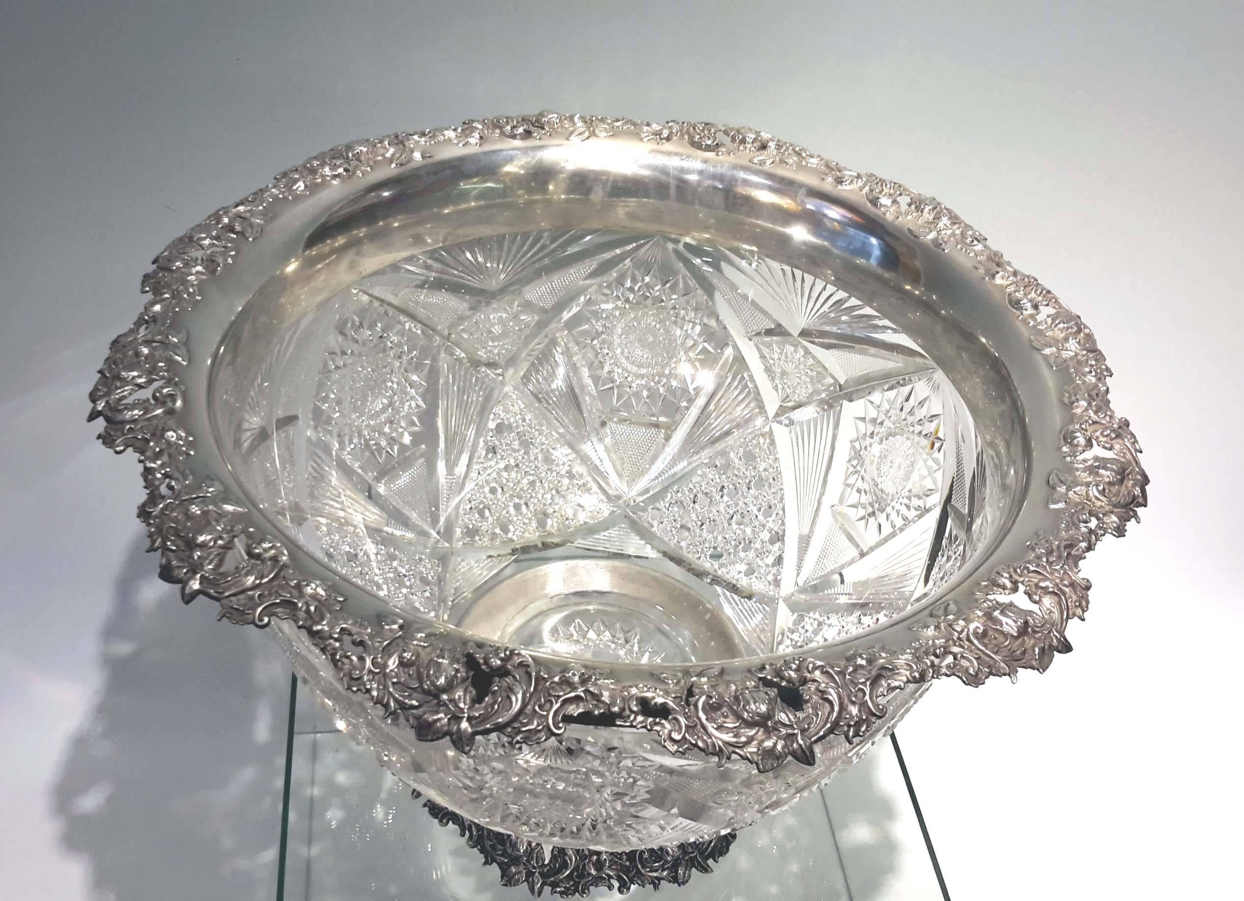 Victorian Magnificent American Brilliant Cut-Glass and Sterling Silver Punch Bowl, Mauser
