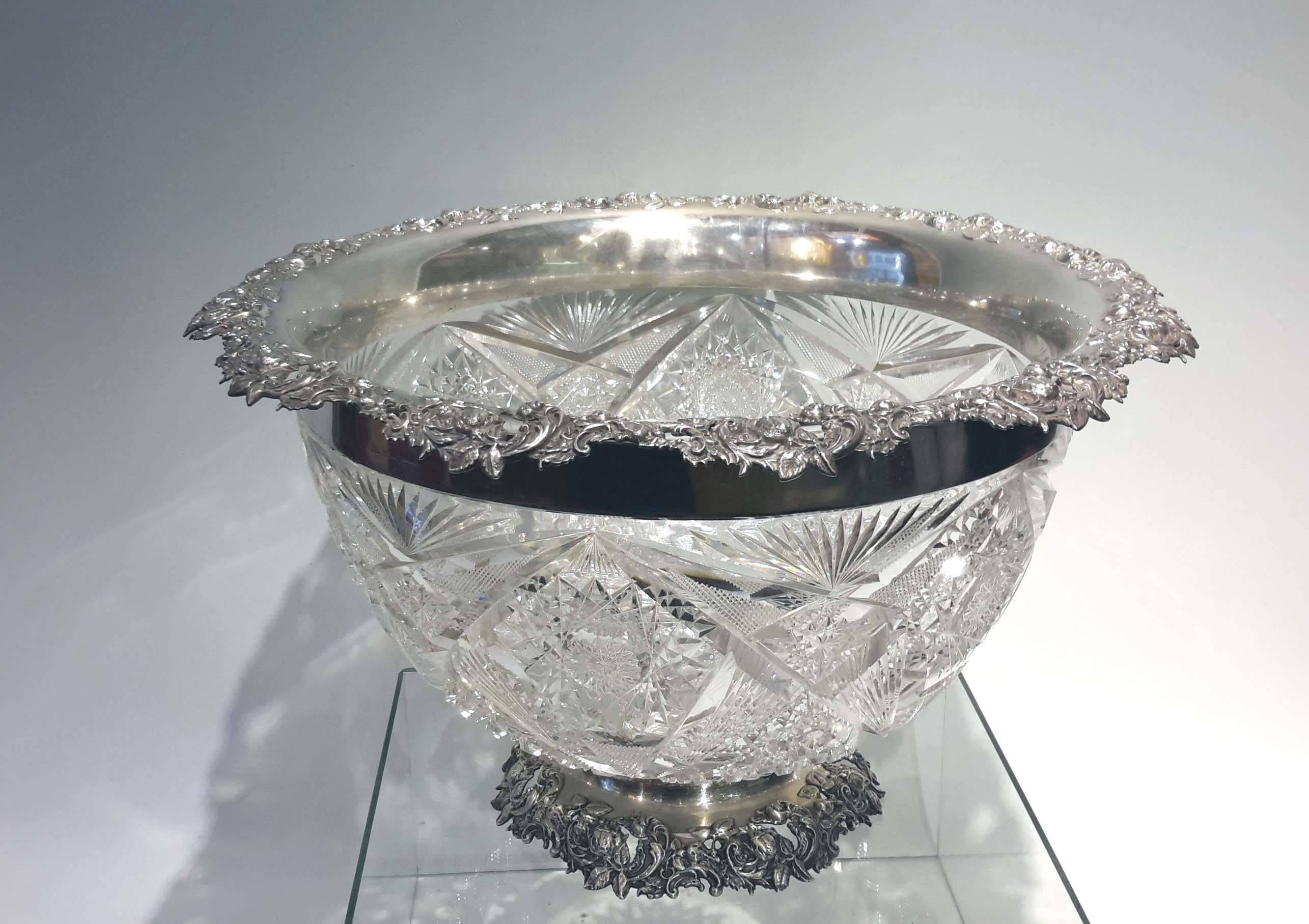 The silver is stamped with the Mauser maker's mark as well as sterling 925/1000 fine, circa 1880.
The base is also sterling silver and stamped sterling and the Mauser makers mark.
Very heavy cut-glass with minor little nicks, hardly noticeable.