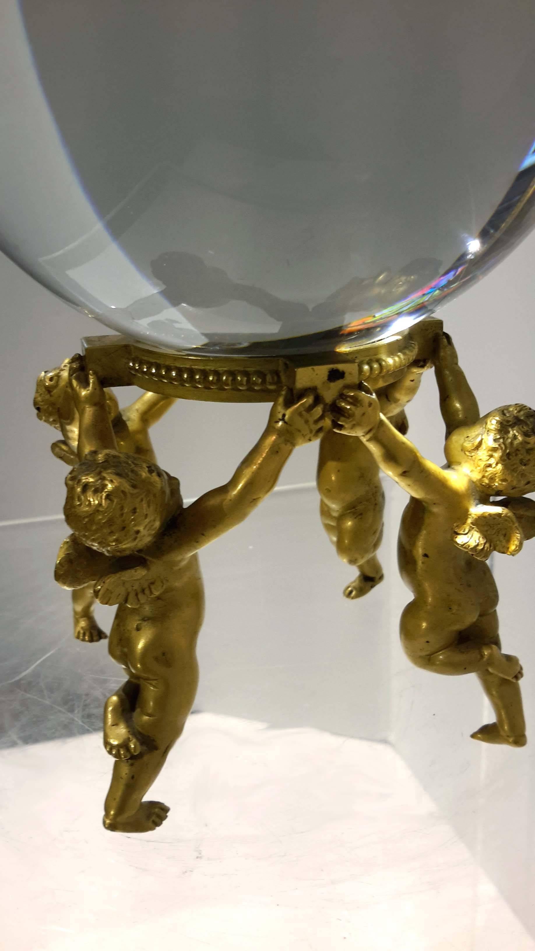Louis XVI Signed Baccarat Crystal Sphere on Signed Baccarat Gilt Bronze Base