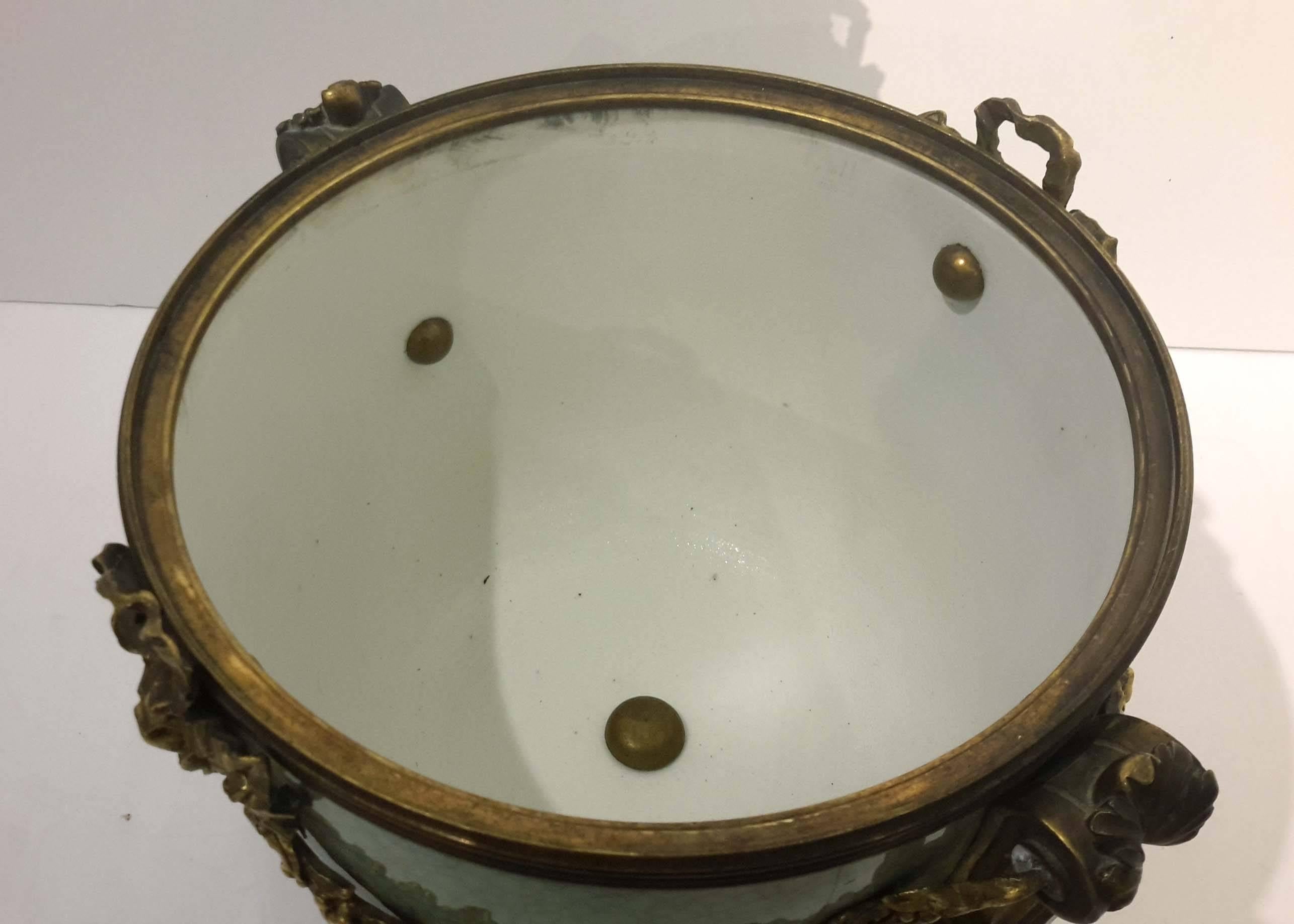 Gilt Bronze-Mounted Celadon Porcelain Covered Bowl, French, circa 1890 In Good Condition In New York, NY