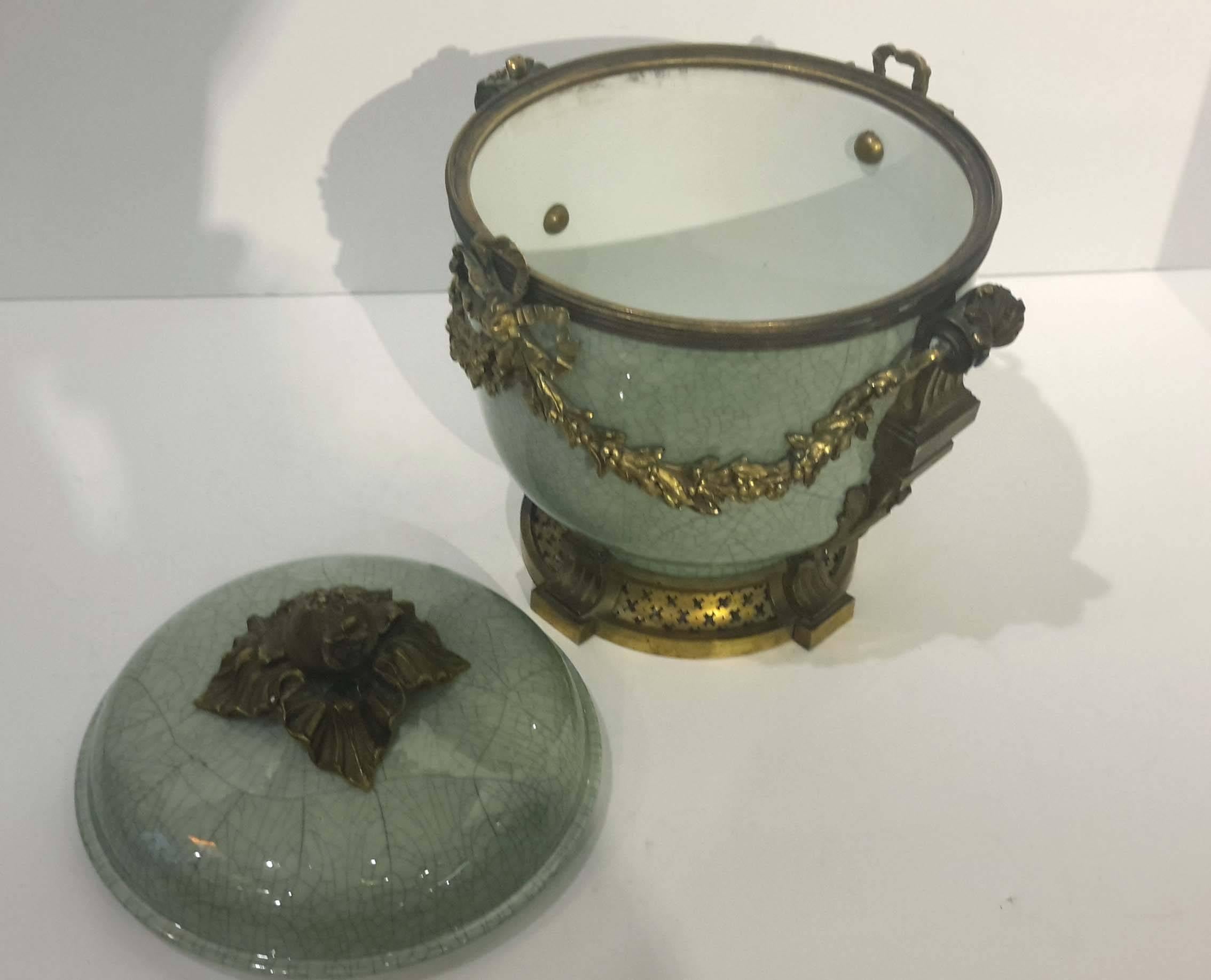 Chinoiserie Gilt Bronze-Mounted Celadon Porcelain Covered Bowl, French, circa 1890