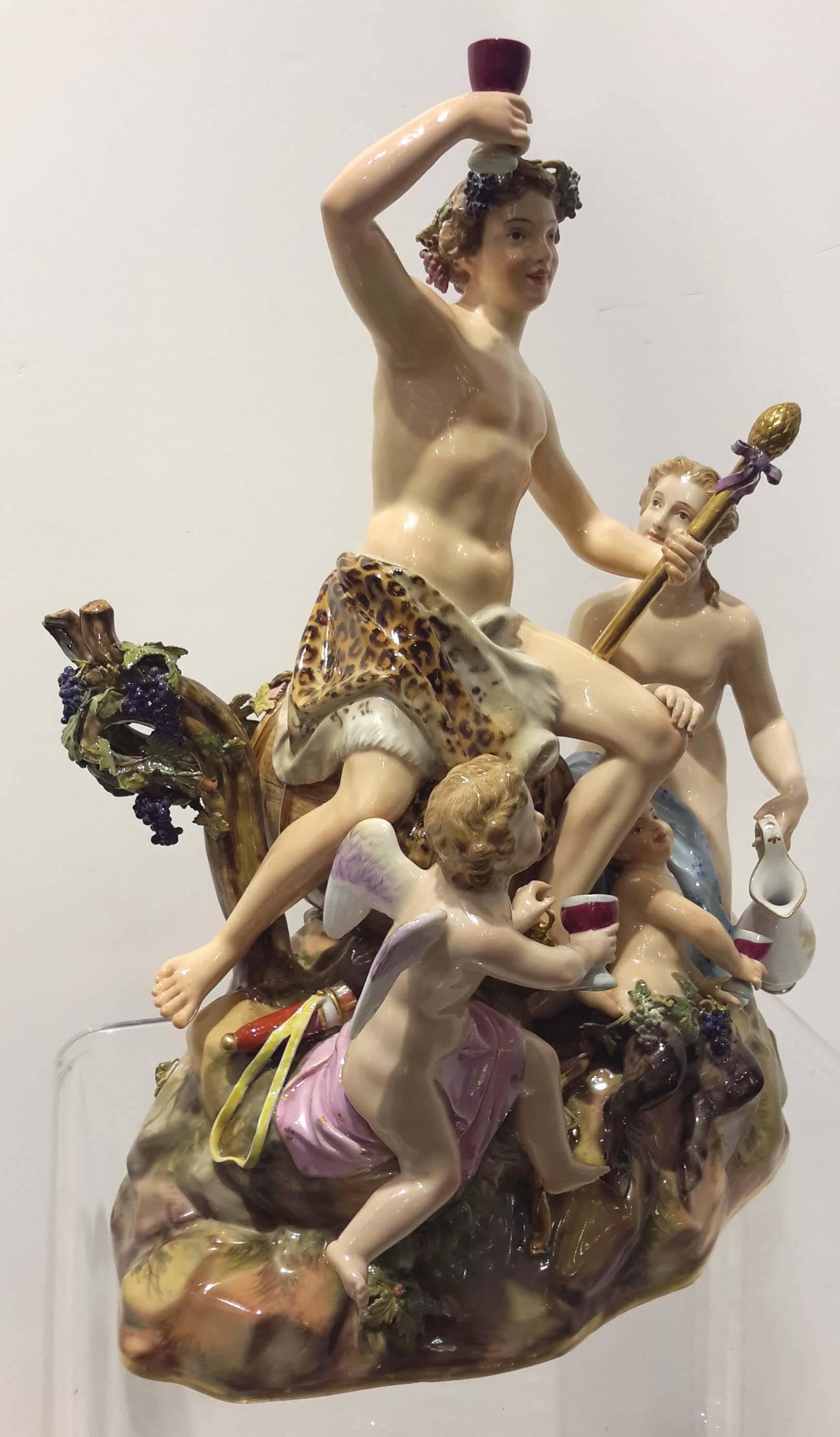 German Meissen Porcelain Figurine Grouping of Bacchus Nymph Satyr Putti, 19th Century