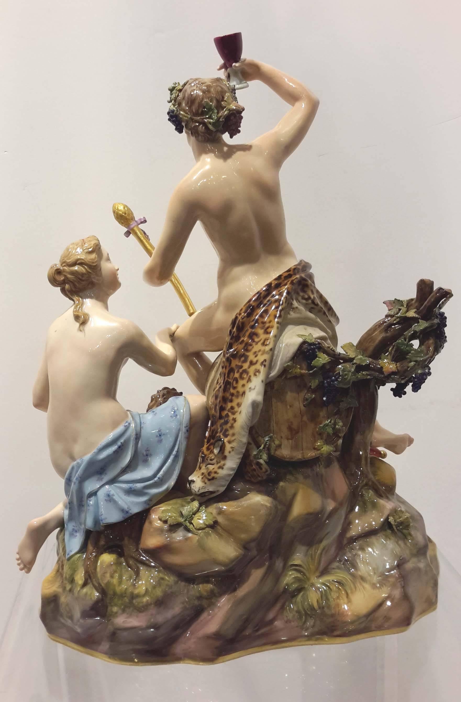 Neoclassical Meissen Porcelain Figurine Grouping of Bacchus Nymph Satyr Putti, 19th Century