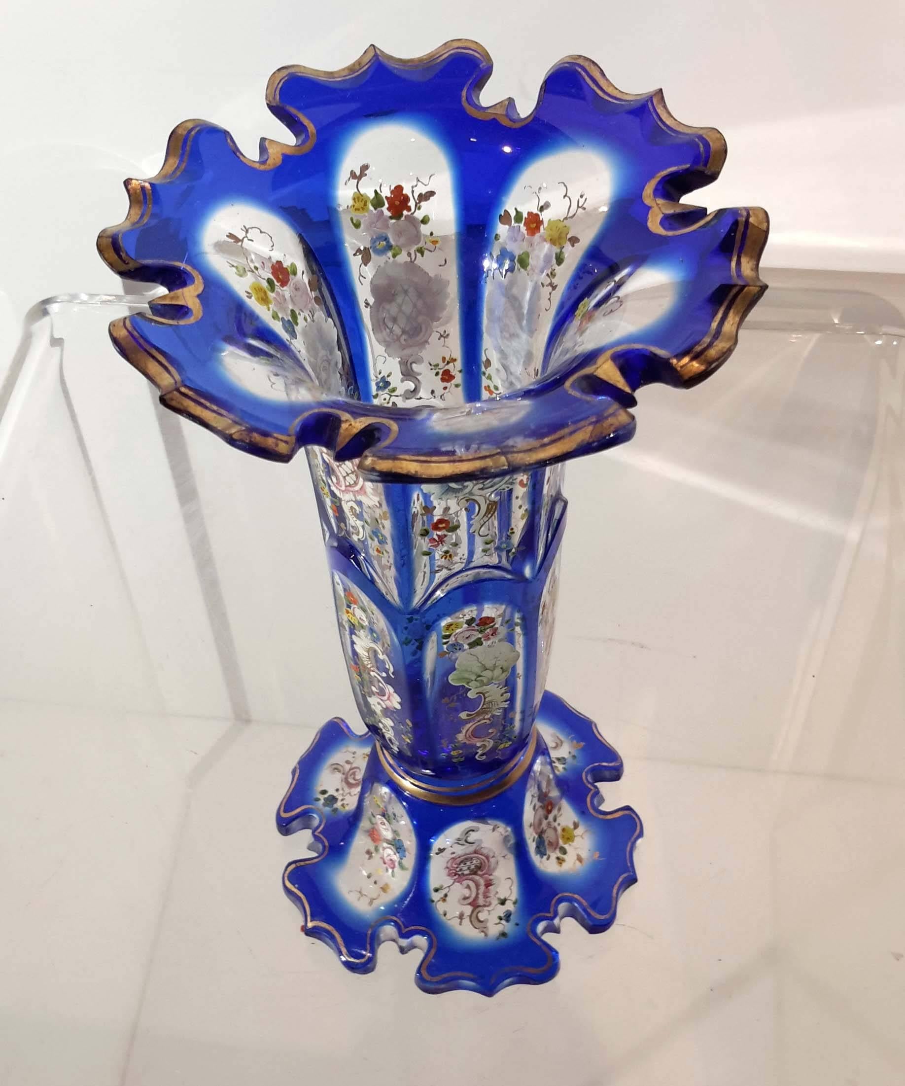Biedermeier Bohemian Overlay Enamel Glass Vase, circa 1860