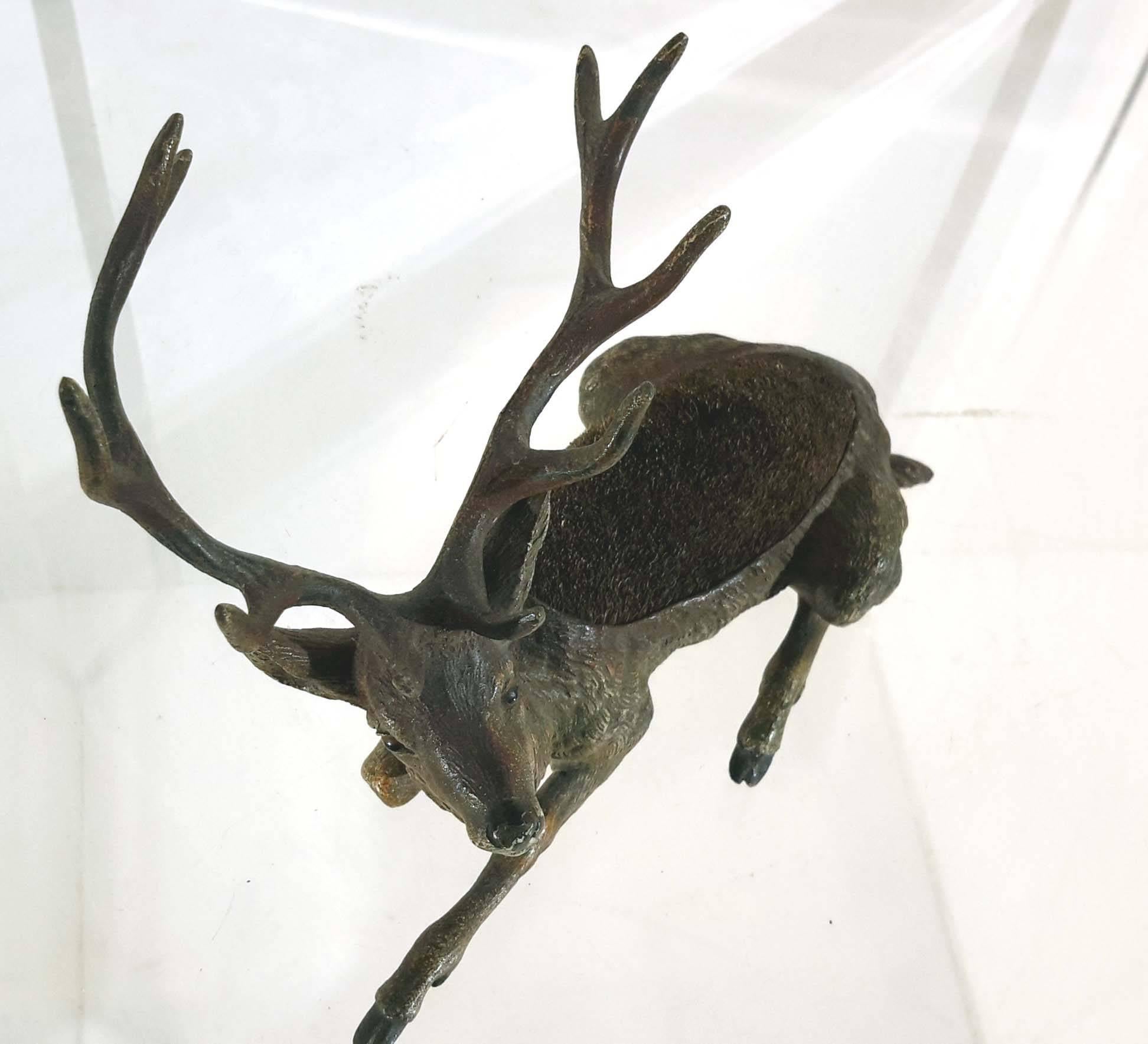 Black Forest Antique Vienna Bronze Cold Painted Stag Deer Fountain Pen Wipe, 19th Century