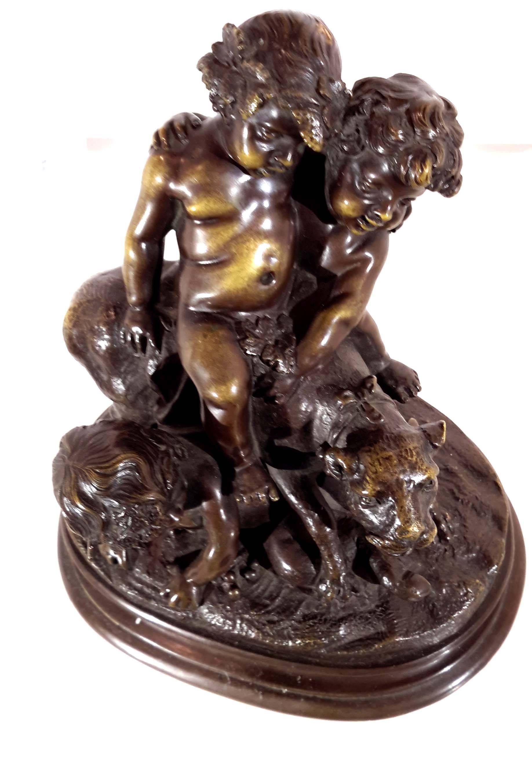Great casting and wonderful details. Depicting two baby Bacchus and a cherub riding a panther. Medium brown patina with bronze highlights coming through.
This Group is not signed and is attributed to Clodion. However, it is a 19th century French