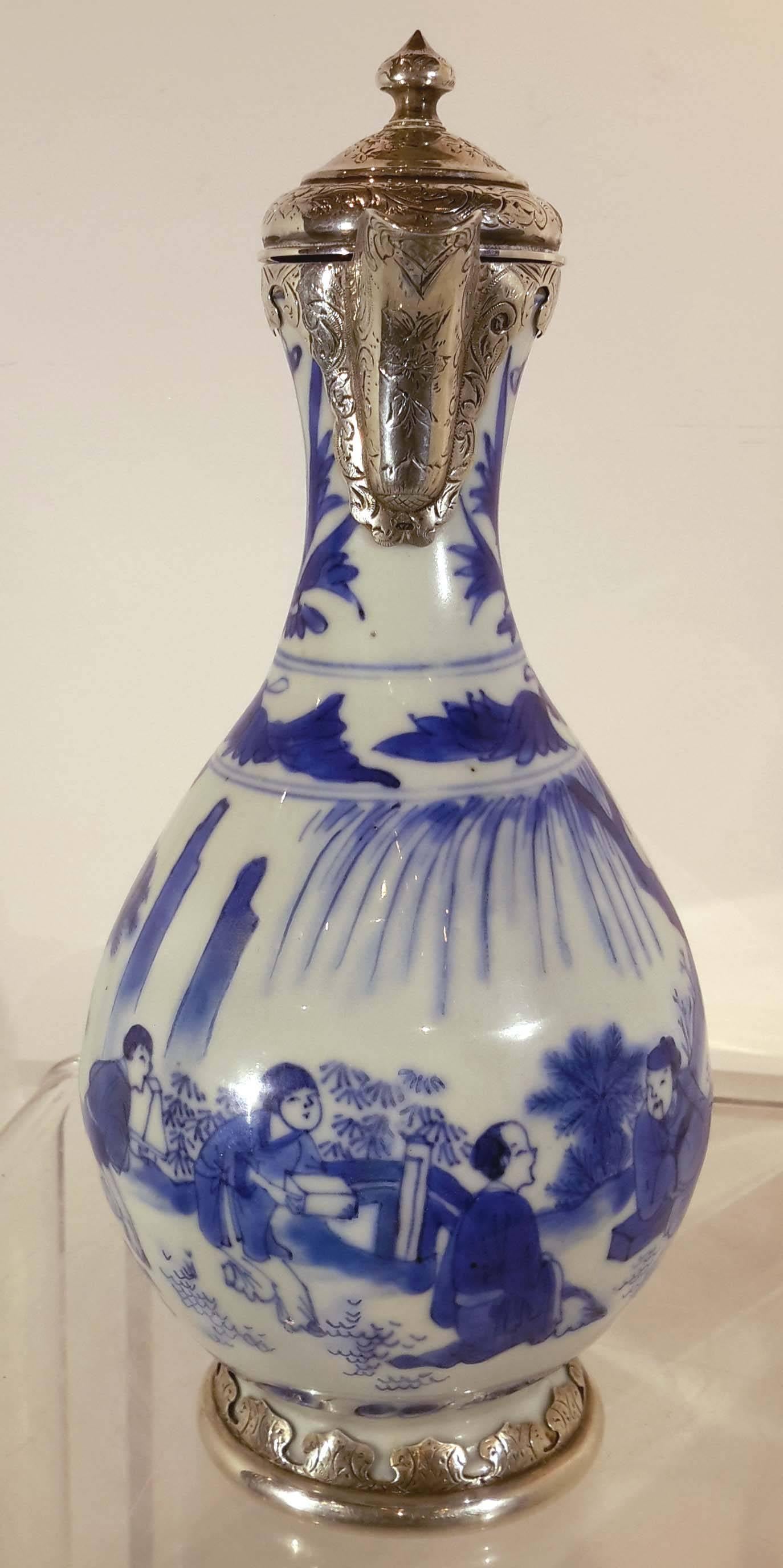 18th Century and Earlier Antique Blue and White Silver Mounted Ming Chinese Porcelain Wine Jug