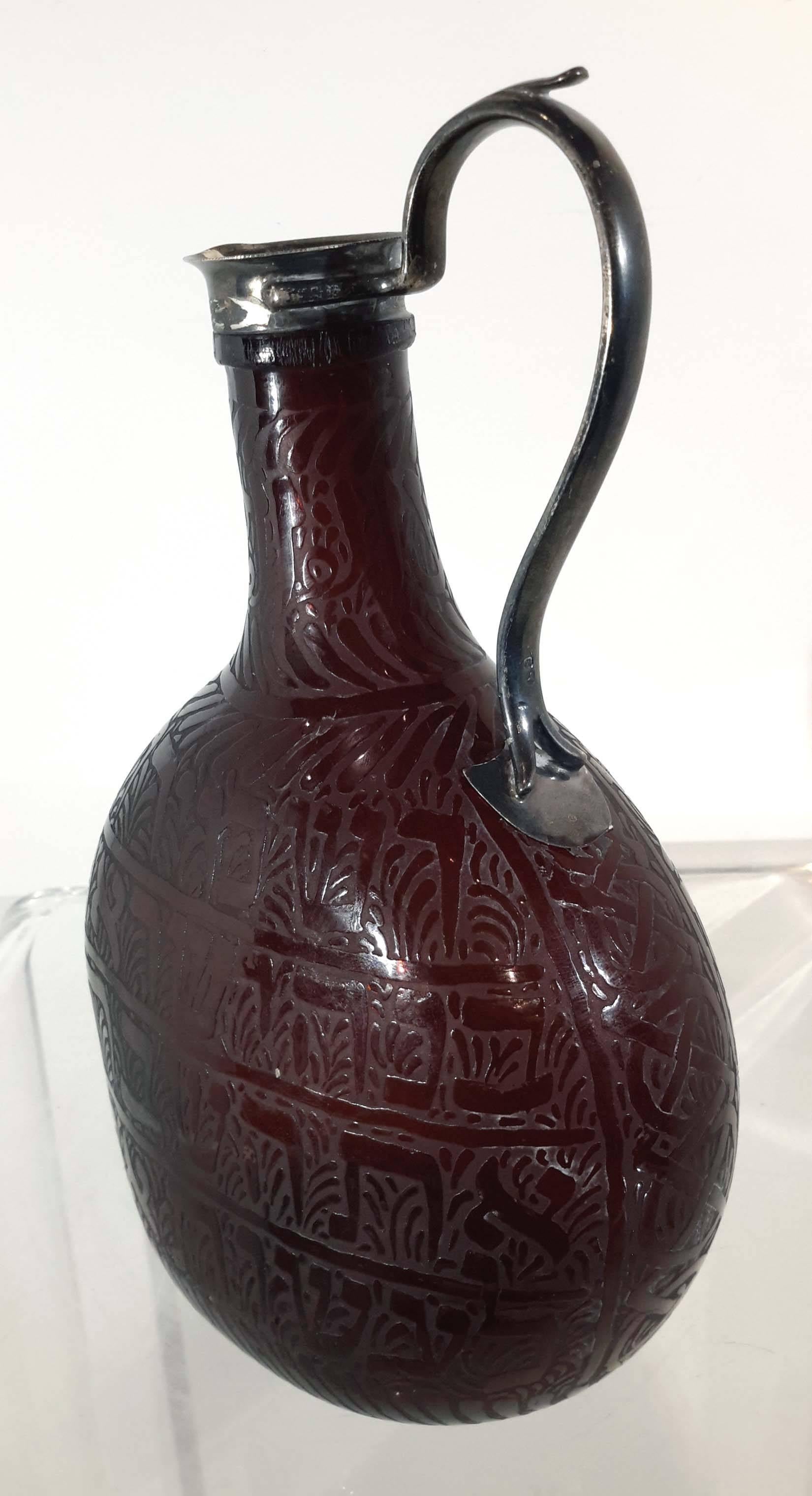 Rare Engraved Glass Judaic Sabbath Wine Jug, 19th Century 1
