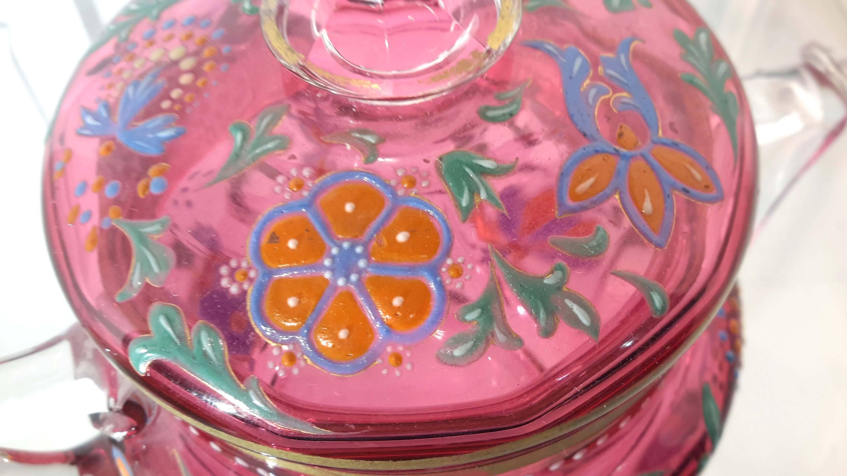 Late 19th Century Moser Factory Enameled Cranberry Glass  Covered Jar, 19th Century For Sale