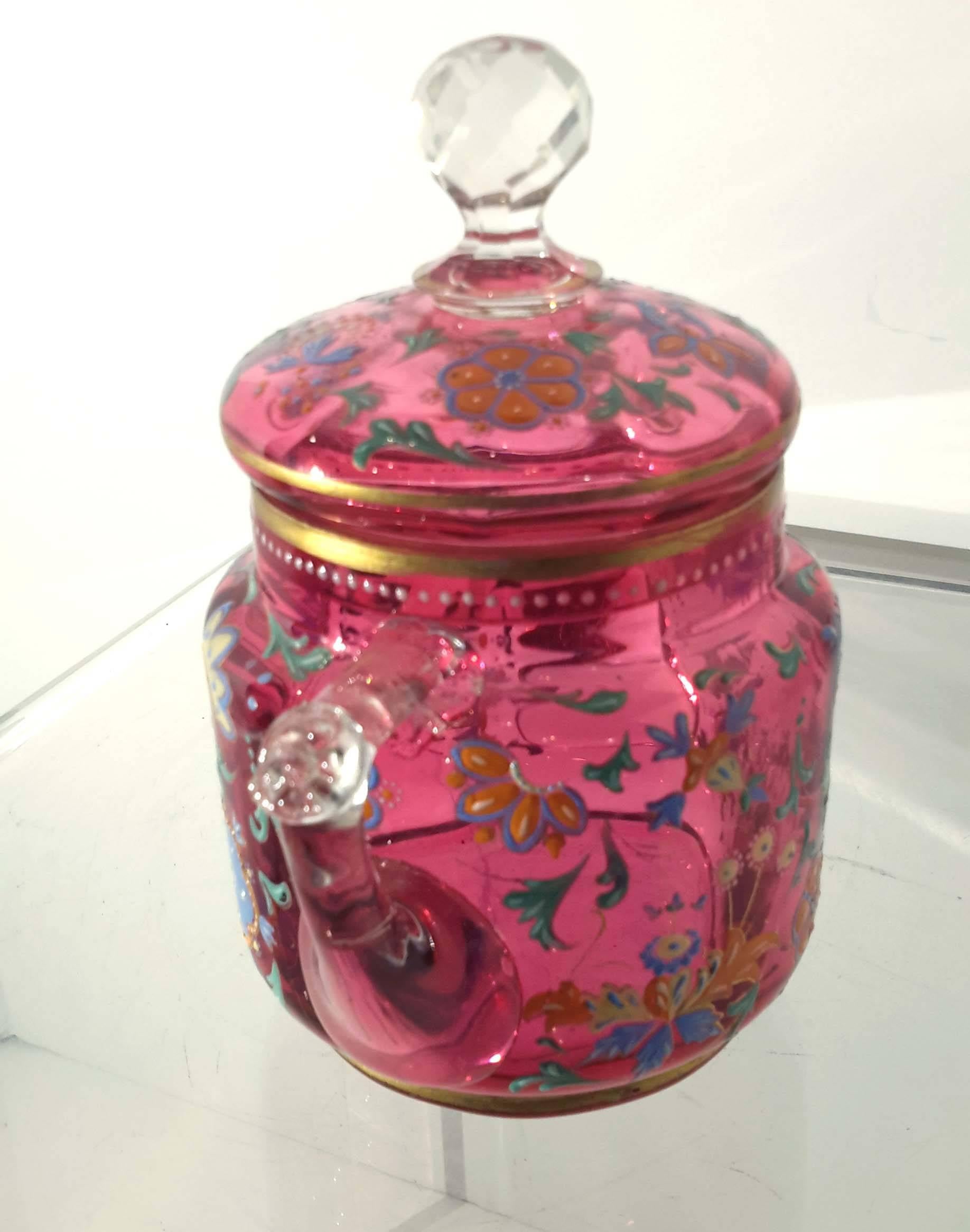 Victorian Moser Factory Enameled Cranberry Glass  Covered Jar, 19th Century For Sale
