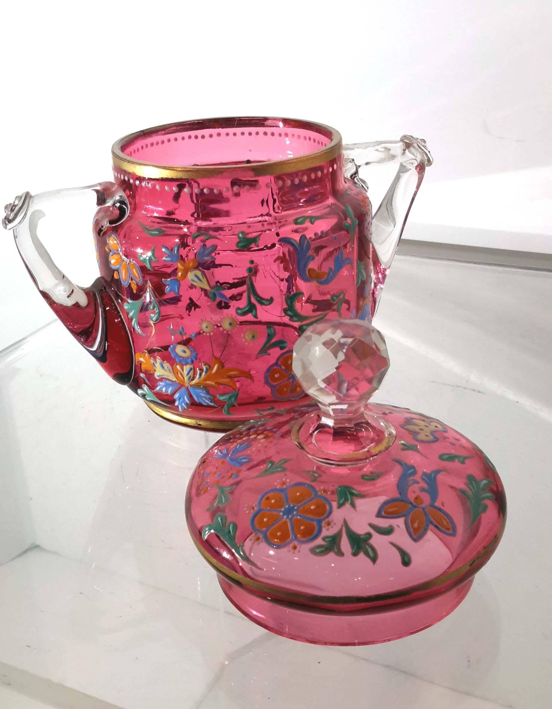 German Moser Factory Enameled Cranberry Glass  Covered Jar, 19th Century For Sale
