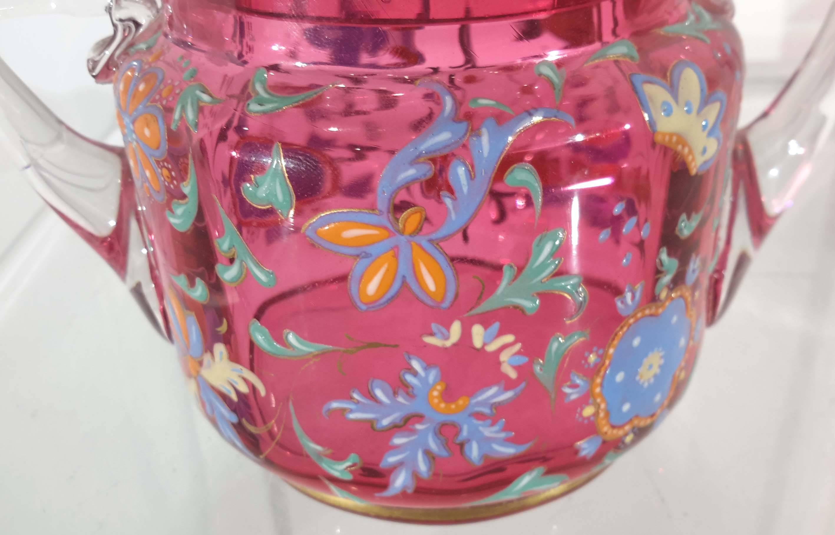 Moser Factory Enameled Cranberry Glass  Covered Jar, 19th Century For Sale 3